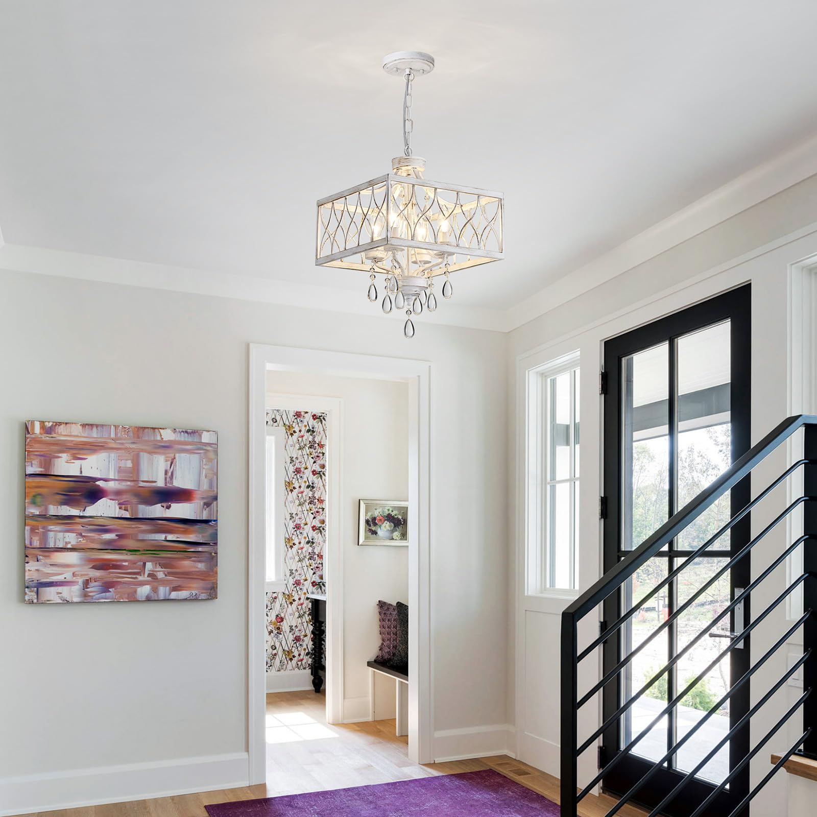 Farmhouse Crystal Chandelier White Modern K9 Crystal Ceiling Chandelier Lighting Fixture  Hanging Pendant Light Fixture  Kitchen Island Lighting For Dining Room Living Room Entryway Bedroom Hallway