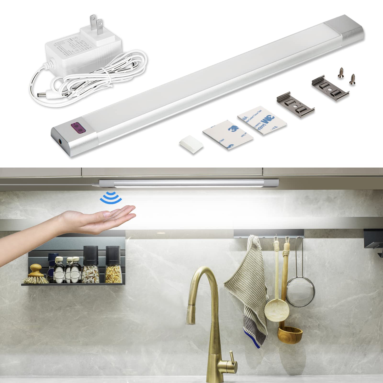 WOBANE Under Counter Lighting, 12in Dimmable LED Light Bar, Hand Wave Activated, Silver & White (6000K), Model CL15