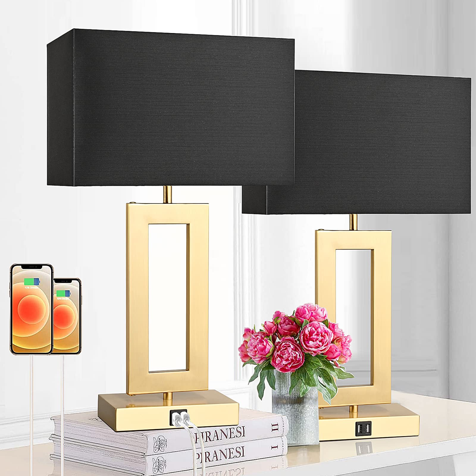 BrightWe 22in  Touch Control Table Lamps Set of 2, 3-Way Dimmable, USB Ports, Black&Gold, Metal, Model QL5166W