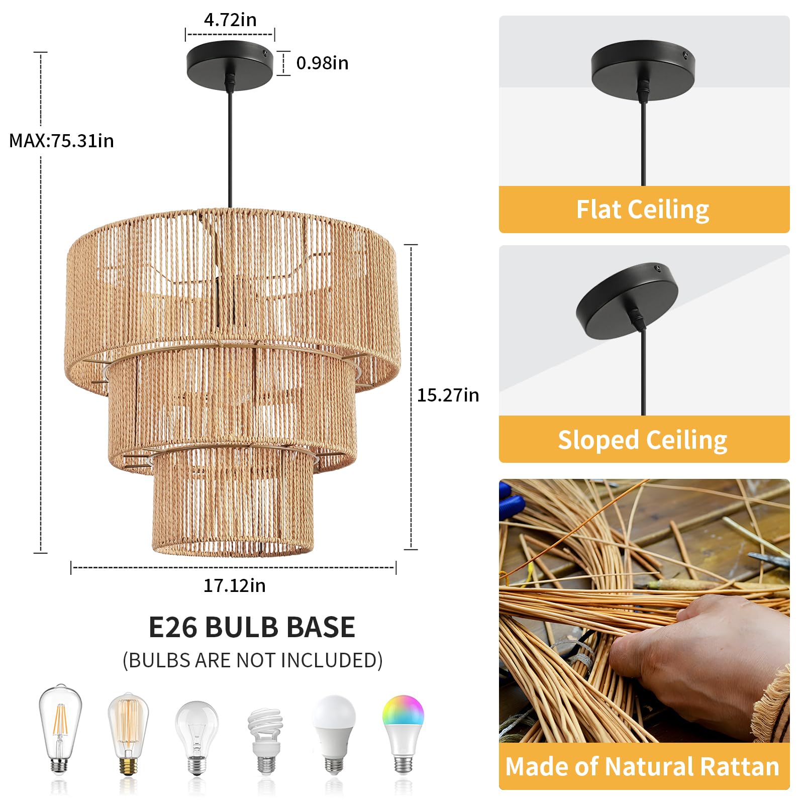 Foucasal Boho 3-Tier Rattan Pendant Light Chandelier For Kitchen & Dining Room, Brown