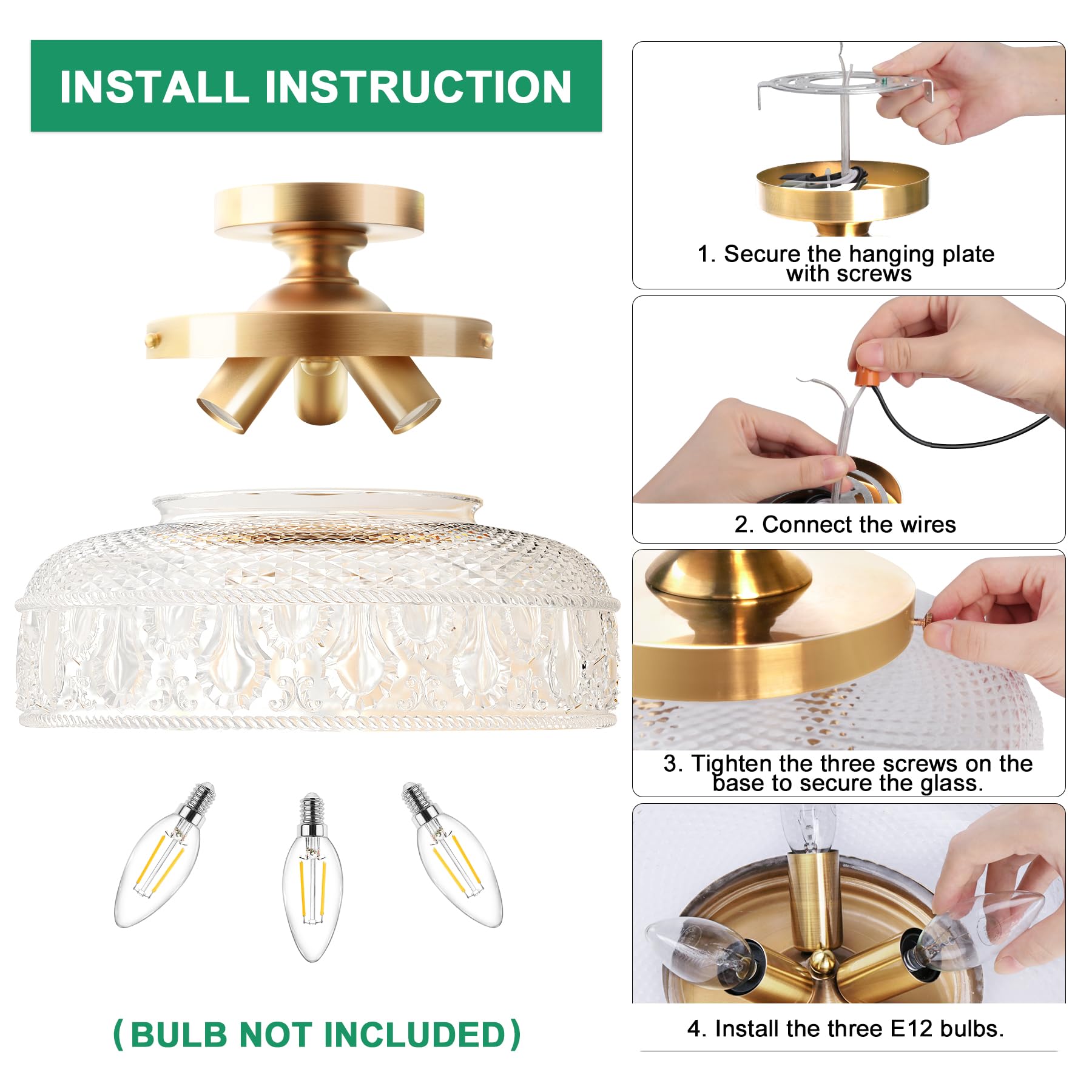 Lamomo Semi Flush Mount Ceiling Light, Upgraded Larger Green Hallway Light Fixture, 3-Bulb Globe Glass Close To Ceiling Scone, I