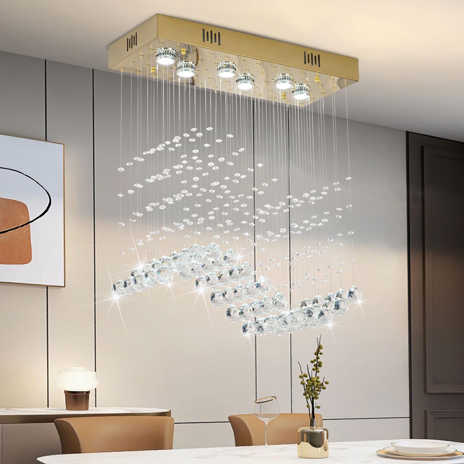 Crystop Modern Gold Wave Rectangular Chandelier For Dining Room Over Table, 6-Lights Raindrop Elegant Ceiling Light Fixture For