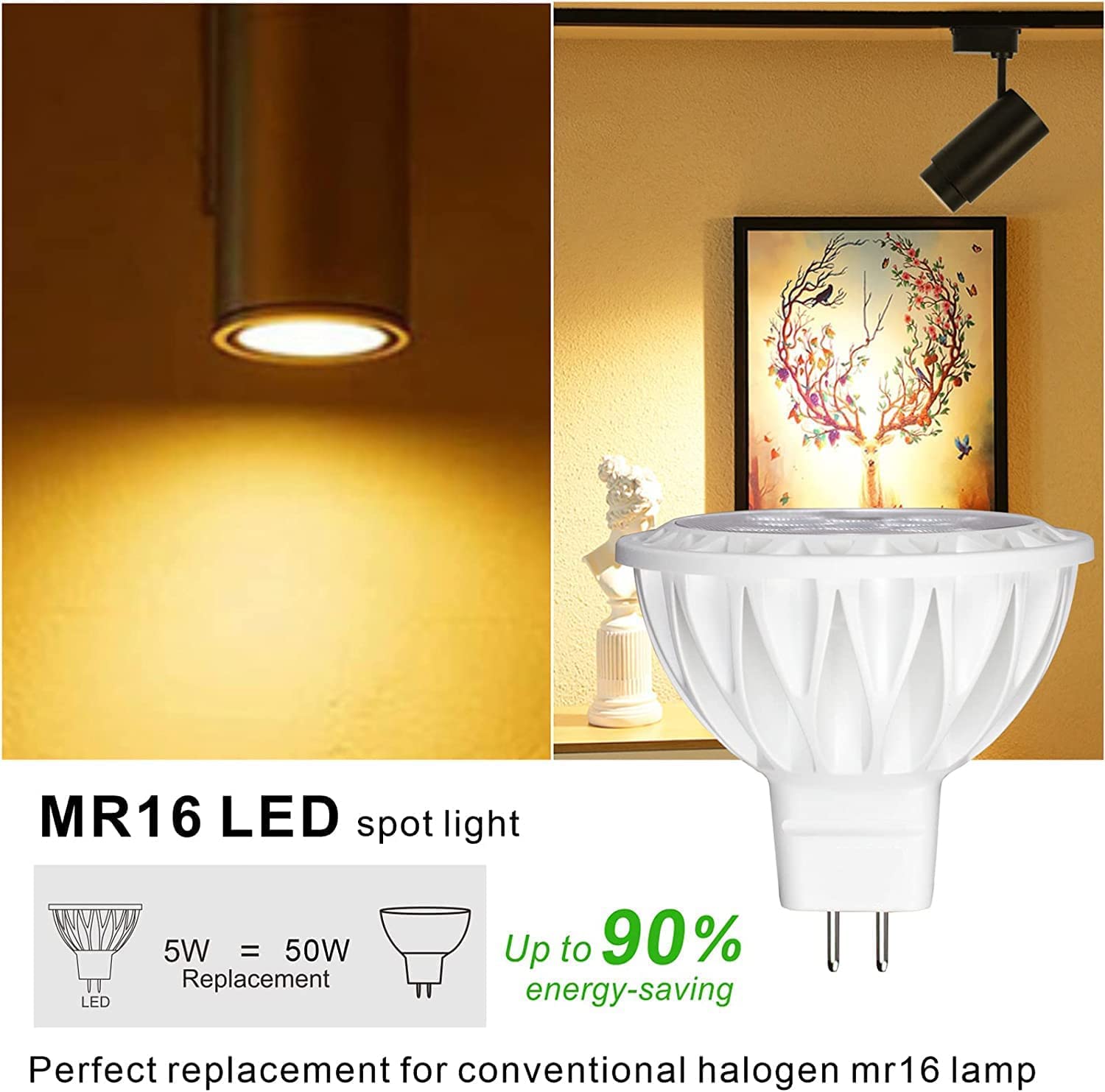 Gohdlamp 12 Pack Mr16 Led Light Bulbs, 50 Watt Equivalent Landscape Light Bulbs, 2700K Warm White 5W 12V Spotlight Bulb, Non-Dim