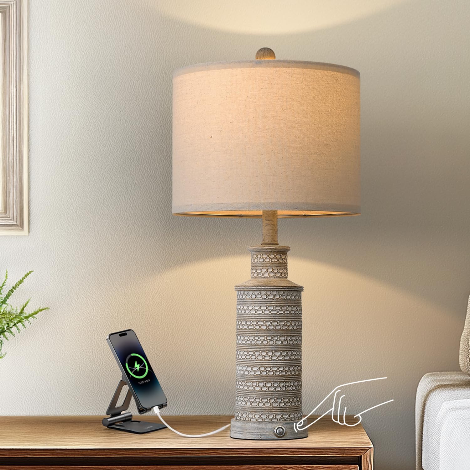 BOBOMOMO 3-Way Dimmable Touch Control Table Lamp with Dual USB Charging Ports for Bedroom Living Room Vintage Rustic Farmhouse T