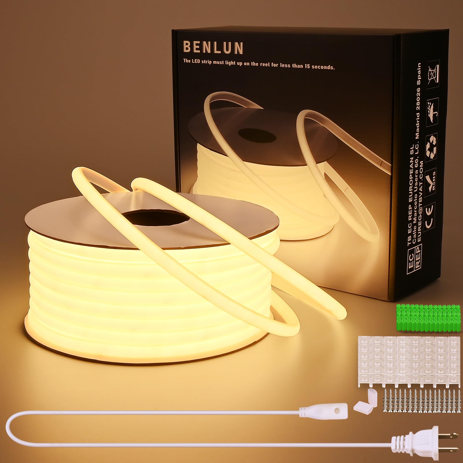 BENLUN AC 110V COB LED Band Lights 98.4ft  3000K Warm White LED Rope Light Outdoor Waterproof  10W/M CRI 90+ Flexible Cuttable  for Bedroom  Living Room  Garden  Commercial  House