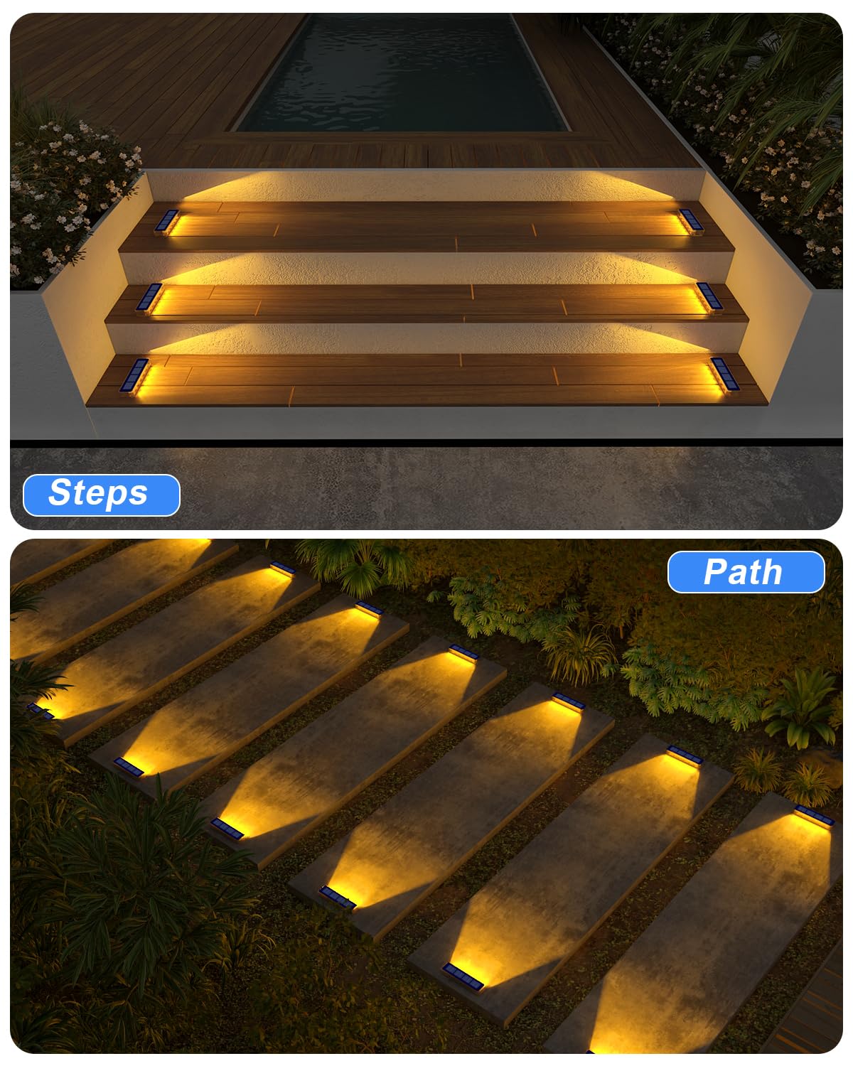DetarZinLED Solar Step Lights, 2 Pack Warm White Outdoor Lighting, Waterproof, Model EL-SPW-02