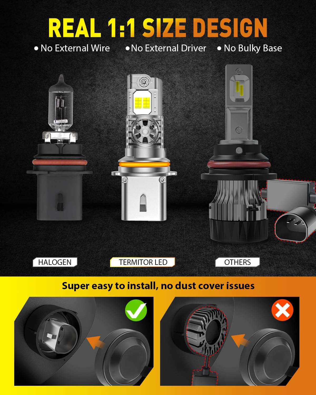 Termitor 9007/HB5 Light Bulbs, 6500K Cool White, 50,000LM, IP68 Waterproof, Plug-N-Play, Pack of 2