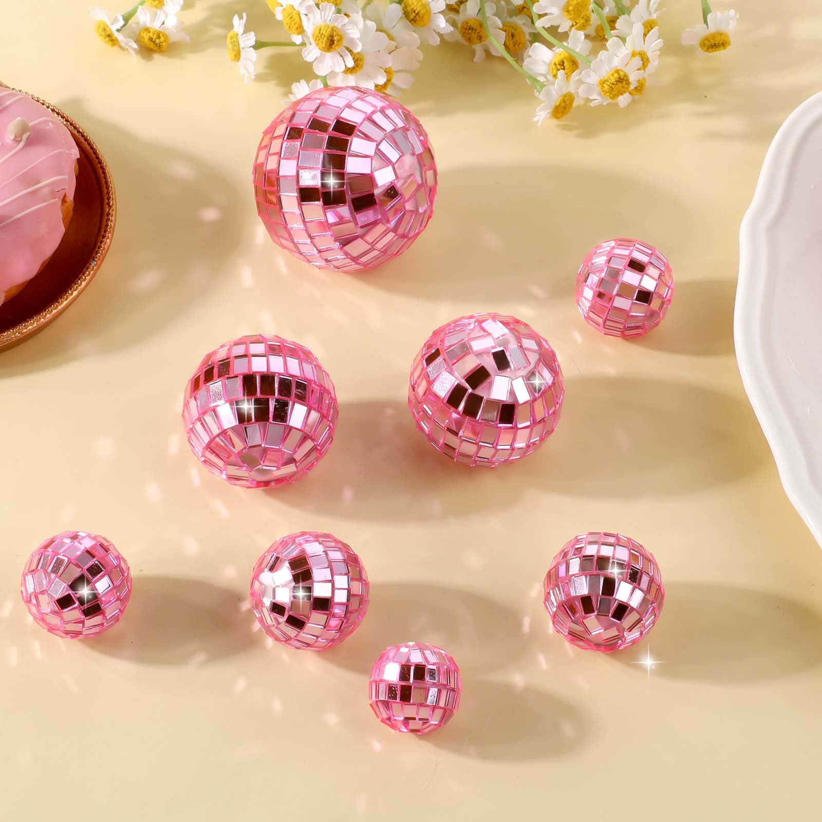 Abeillo Disco Ball Cake Topper Set, 7PCS Pink Foam Decorations, 70s Disco Theme, 4 Sizes