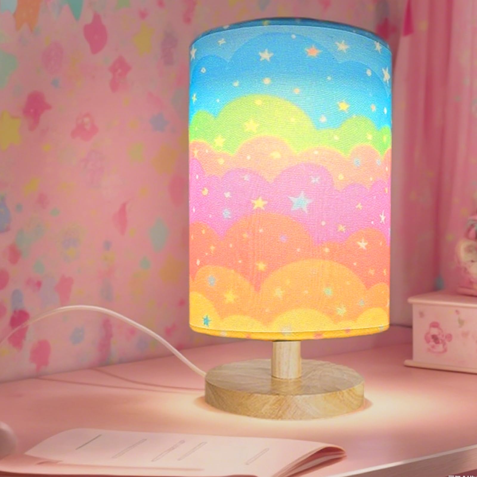 Kids Table Lamp for Bedroom  Rainbow Lamp  3 Level Dimmable Wood Nightstand Desk Base Flaxen Fabric Shade for Bedroom Living Room Rainbow Lamp Gifts for Girls (Colorful)