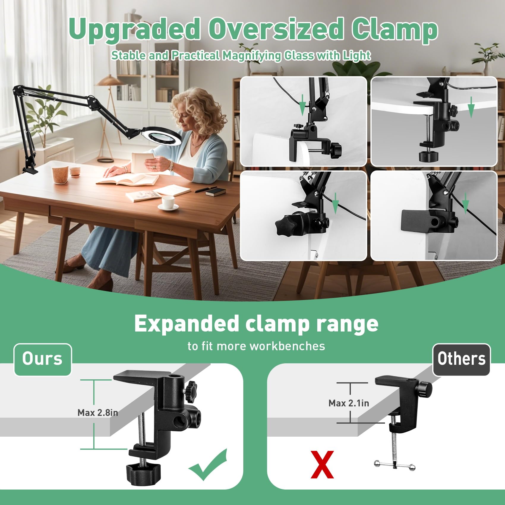 Kmdes 12X Magnifying Glass With Light, Ultra Long 3 Section Swing Arm Led Desk Lamp With Large Clamp, 5 Color And Brightness Han