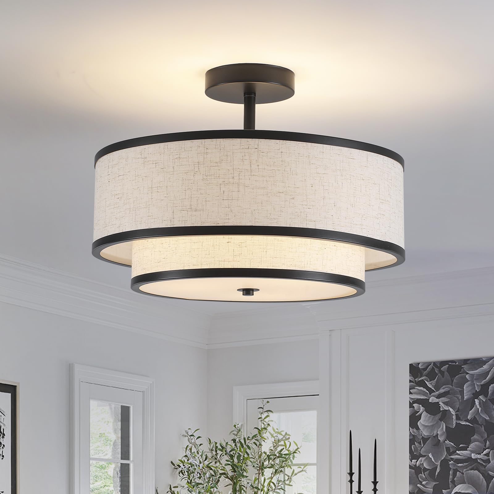 KOLQSEAL Semi Flush Mount Ceiling Light, 3-Light Double Drum Ceiling Light Fixture with Fabric Shade, Farmhouse Chandelier Dinin