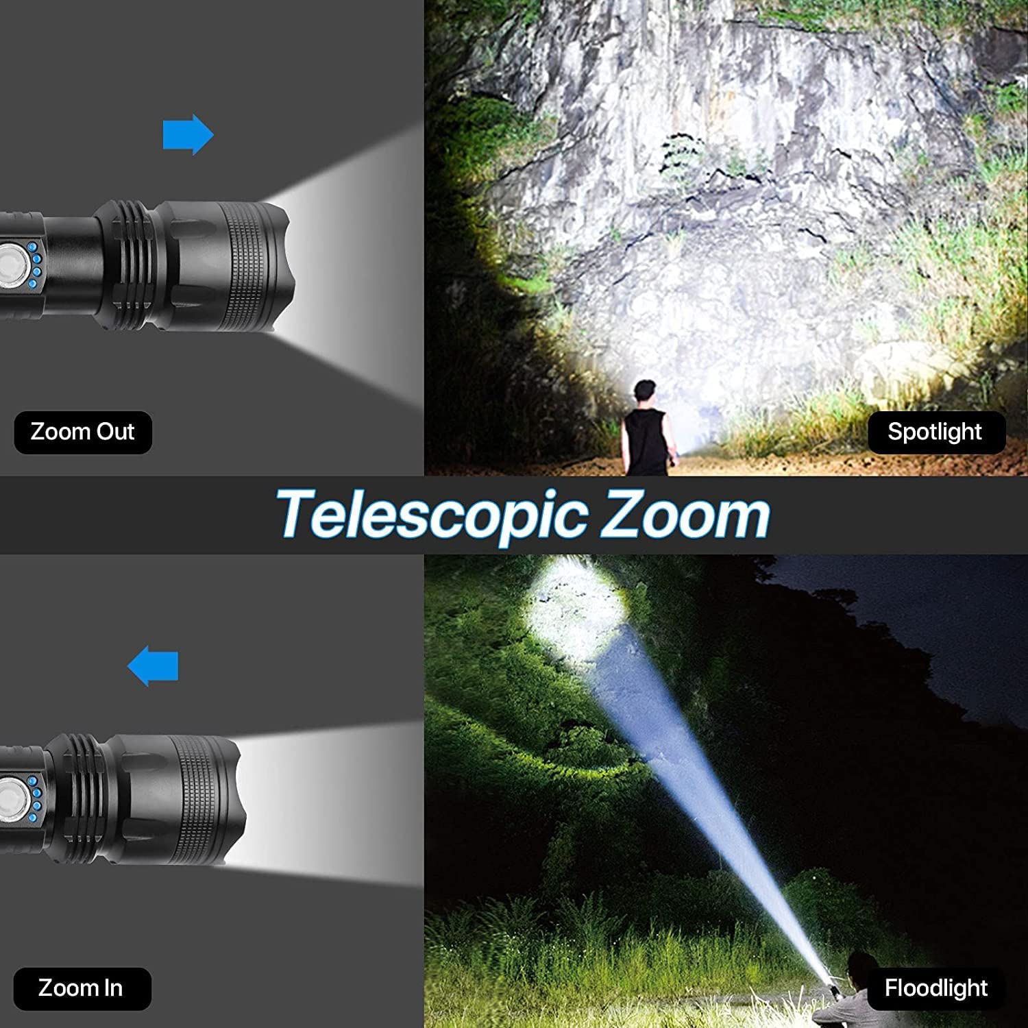 BERCOL P50 Rechargeable LED Flashlight, 100000 Lumens, 5 Modes, Waterproof, Black, Aluminum