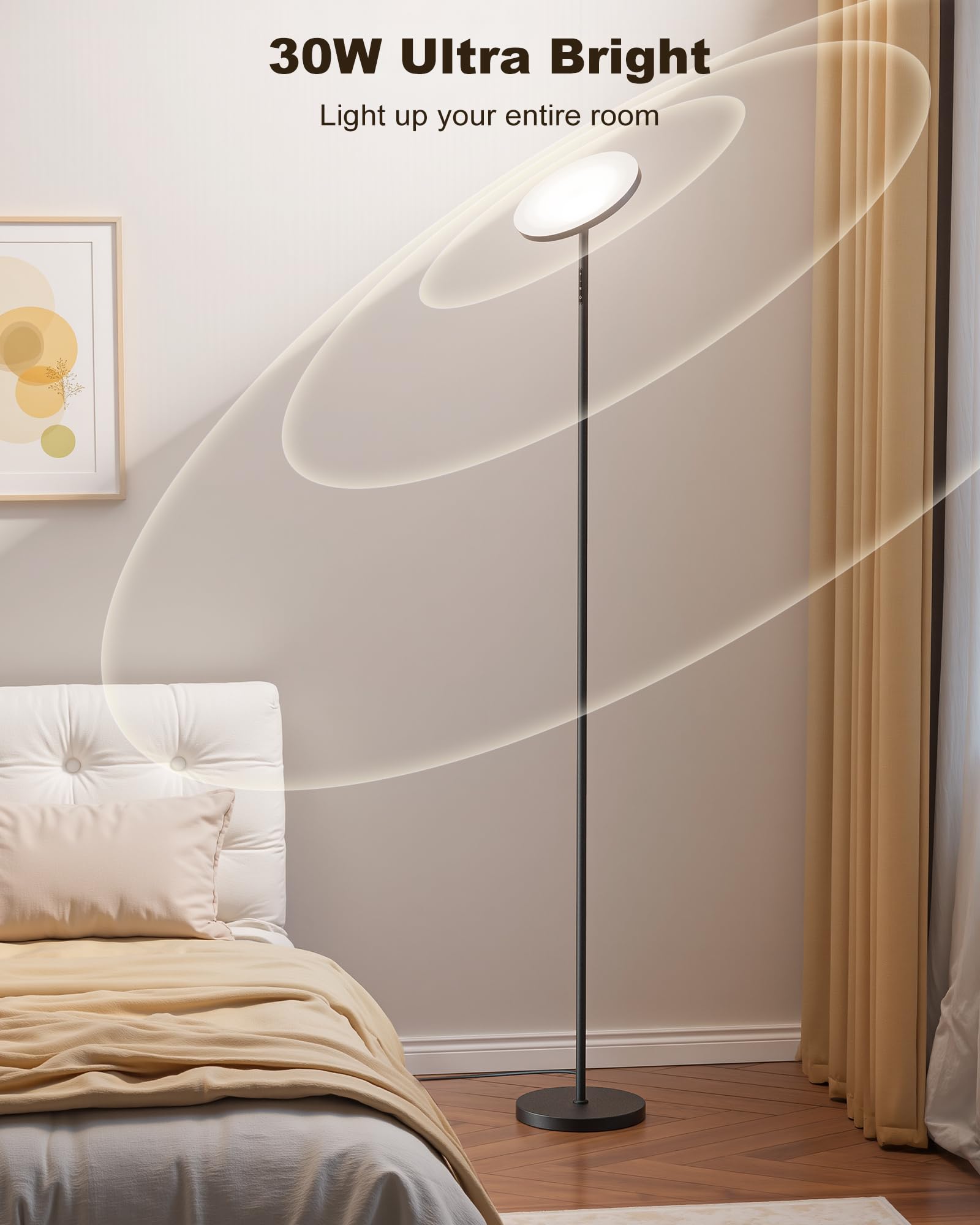 FULSUNT LED Floor Lamp, 30W/3200LM, Dimmable, 69in Tall, Metal, Black, Remote & Touch Control