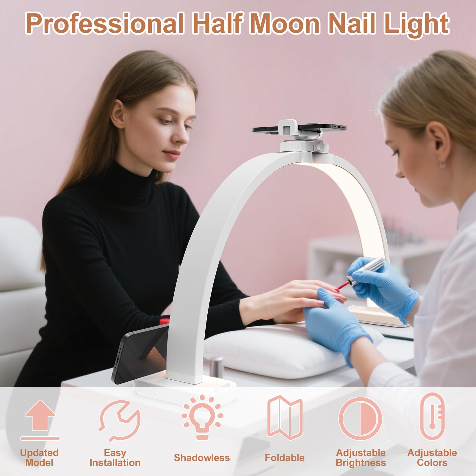 TONYFUL Half Moon Light for Nail Desk, 45W Nail Tech Light with Phone Holder, Foldable Arch Lamp with Stepless Dimming & Color T