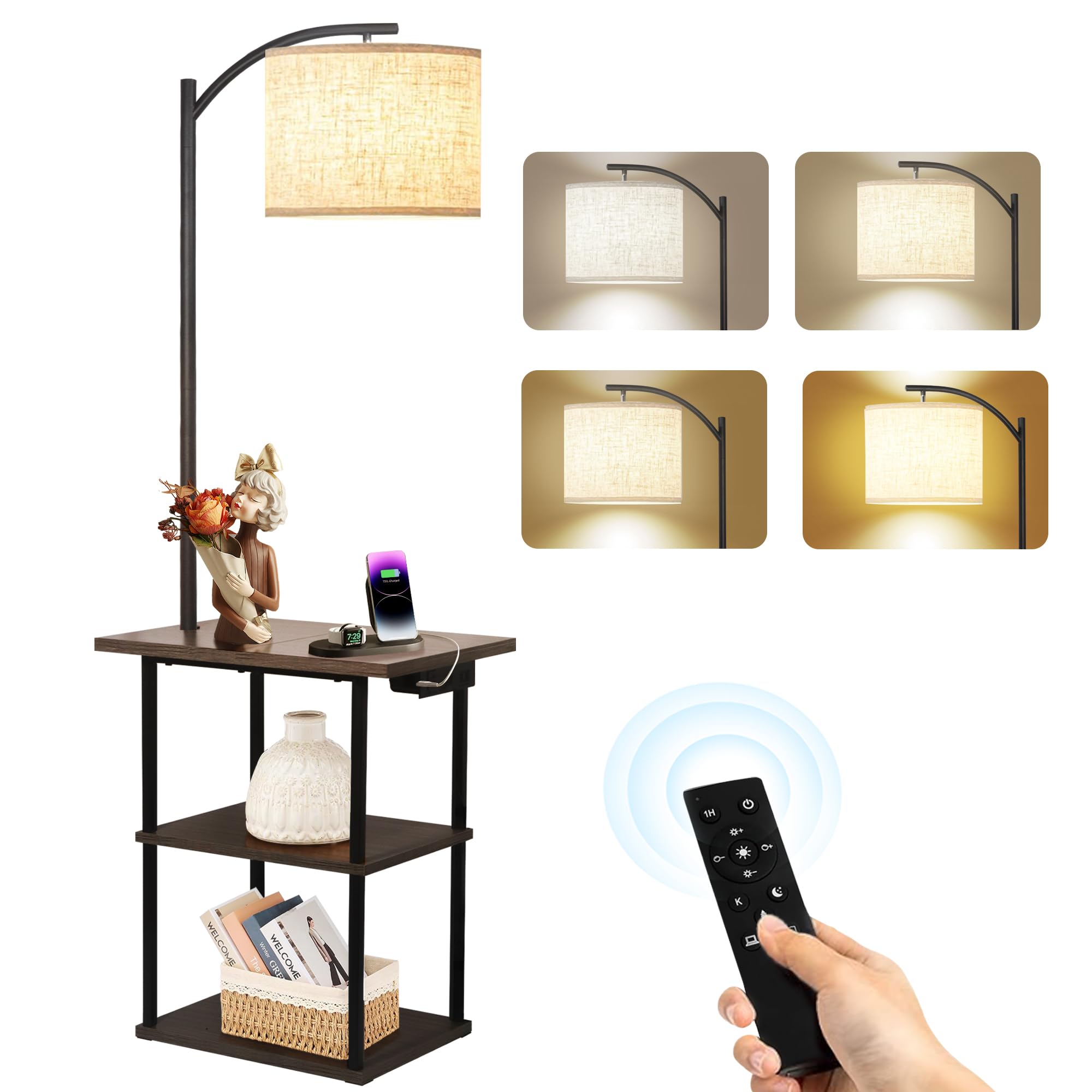 PESRAE Floor Lamp with Remote, Adjustable 3000K-6000K Colors & Brightness Bulb, End Table with Charging Station(USB & Type-C & AC Port), Modern Shelves Side Table for Bedroom, Living Room, Office