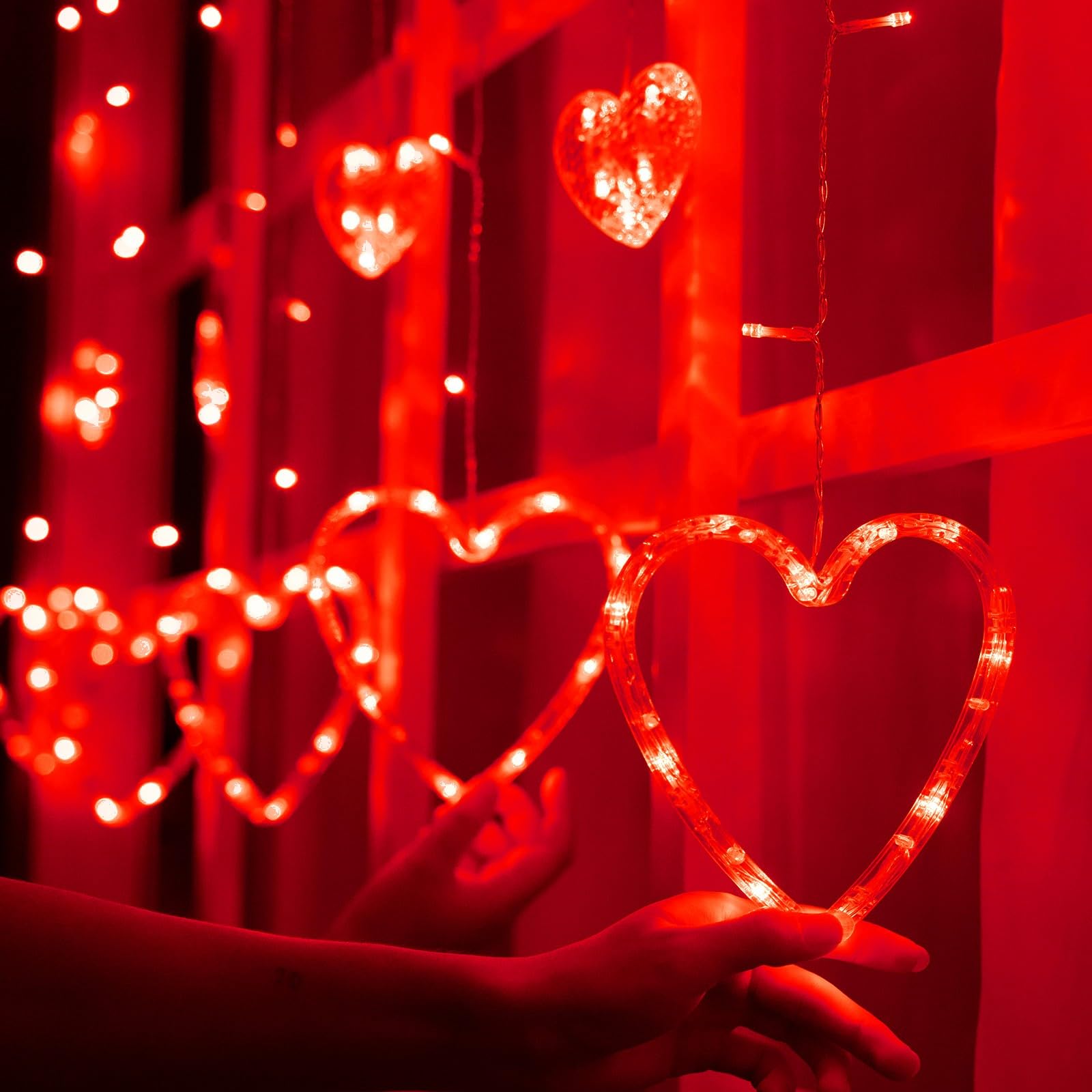 Efunly Valentines Day Decor Lights 138 LED 12-Heart-Shaped String Lights Waterproof 8 Modes Connetable 29V Plug in Curtain Lights for Kids Bedroom Wedding Party Valentines Day Decoration (Red)