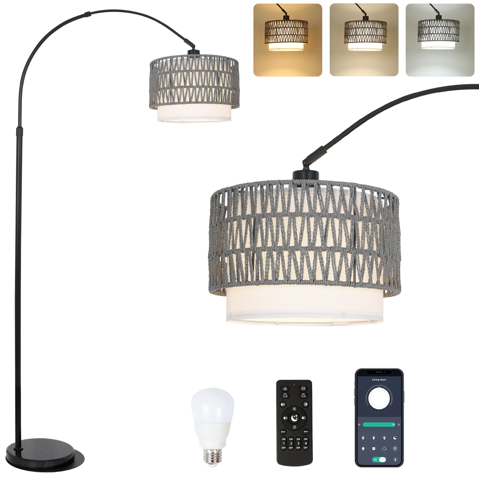 Boho Floor Lamps for Living Room, Arc Floor Lamp for bedroom with Remote and Dimmable Bulb, Over Couch Standing Lamp, Farmhouse 