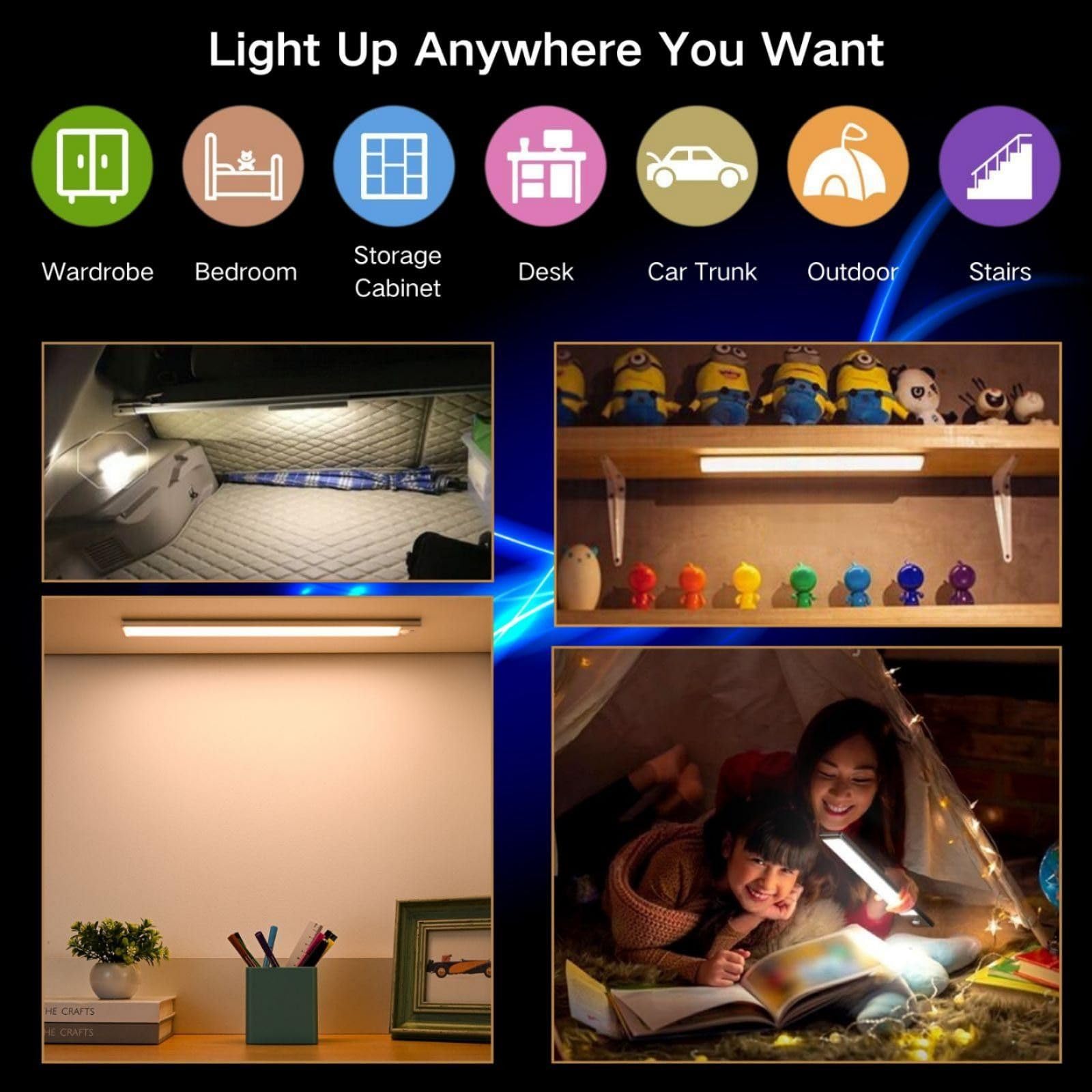 Sanofuturion Motion Sensor Under Cabinet Lighting-Magnetic Rechargeable Closet Lights For Kitchen Stairs Wardrobe | 3-Color Dimmable Led Under Counter Lighting | Pro Battery Upgrade (1  16 Inch)