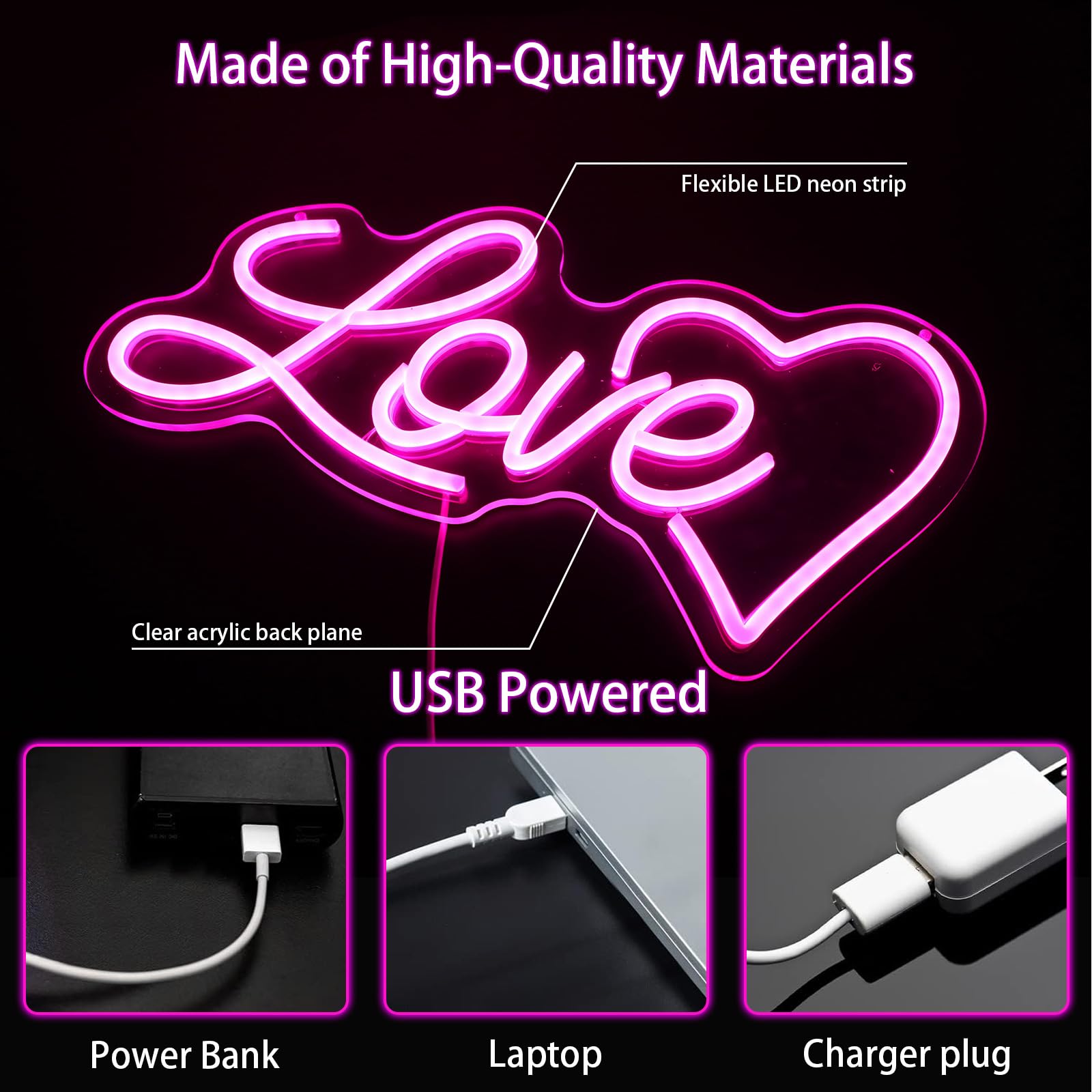 ENUOLI XO Neon Sign, Pink LED Wall Light, Dimmable, USB Operated, Acrylic XO, Model mBB.010