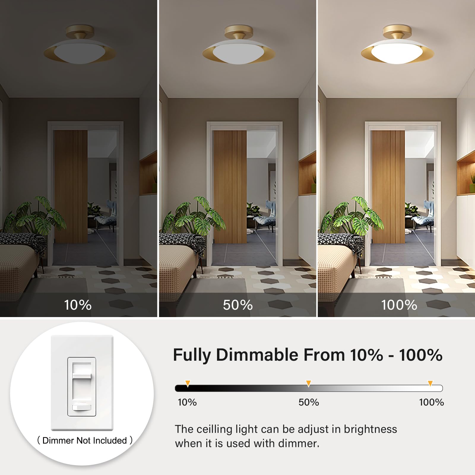 Dimmable Modern Mid-Century Ceiling Light, White And Gold Led Semi Flush Mount Ceiling Light, 5Cct 2700K-6000K Lighting Fixture Ceiling Lamp With Acrylic Shade For Bedroom Hallway Kitchen, 11.8In