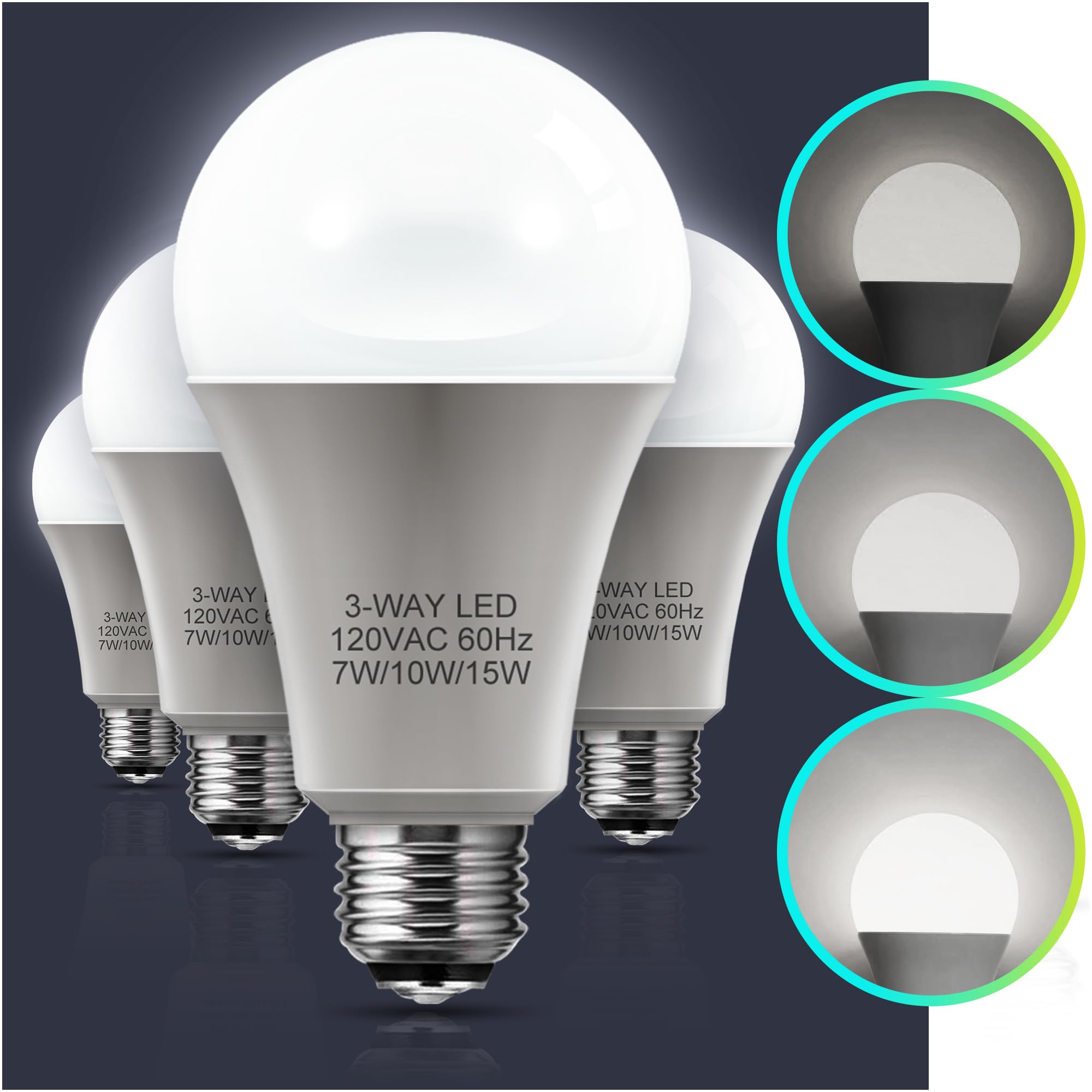 Lohas 3-Way Led Light Bulbs, 4 Pack - 50/100/150W Equivalent, Daylight White 5000K, A19 E26 Base For Desk, Floor, Table Lamps
