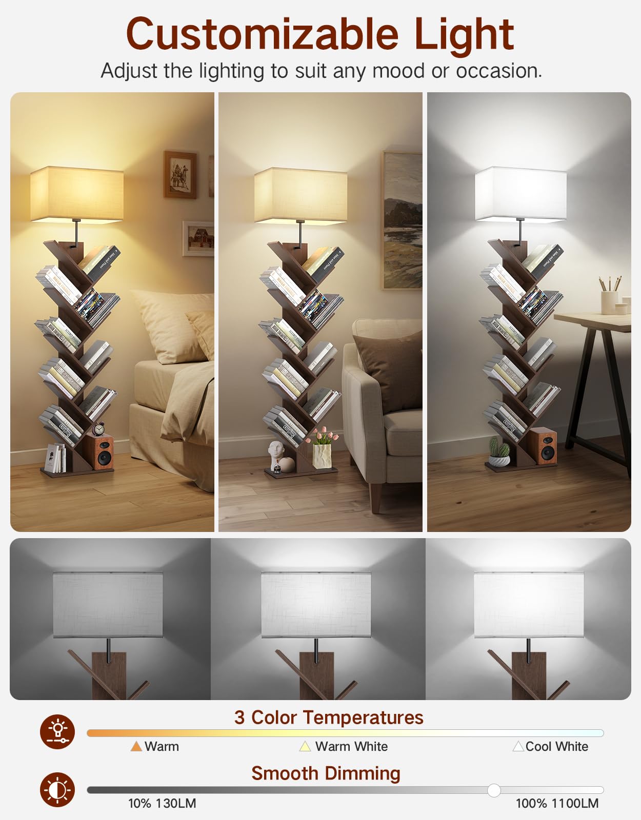 OUTONLIFE 9 Tier Tree Bookshelf, Wood Bookcase with Light, 17x34.5x152.3cm, Walnut, Model YMEUSJ05