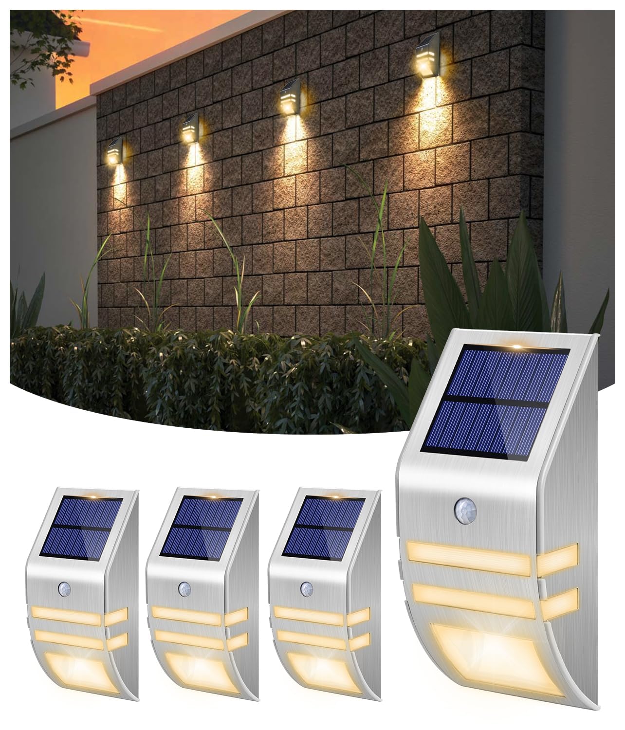 Roopure Solar Fence Lights, Waterproof Led Motion Sensor, Warm White, Pack Of 4, Stainless Steel