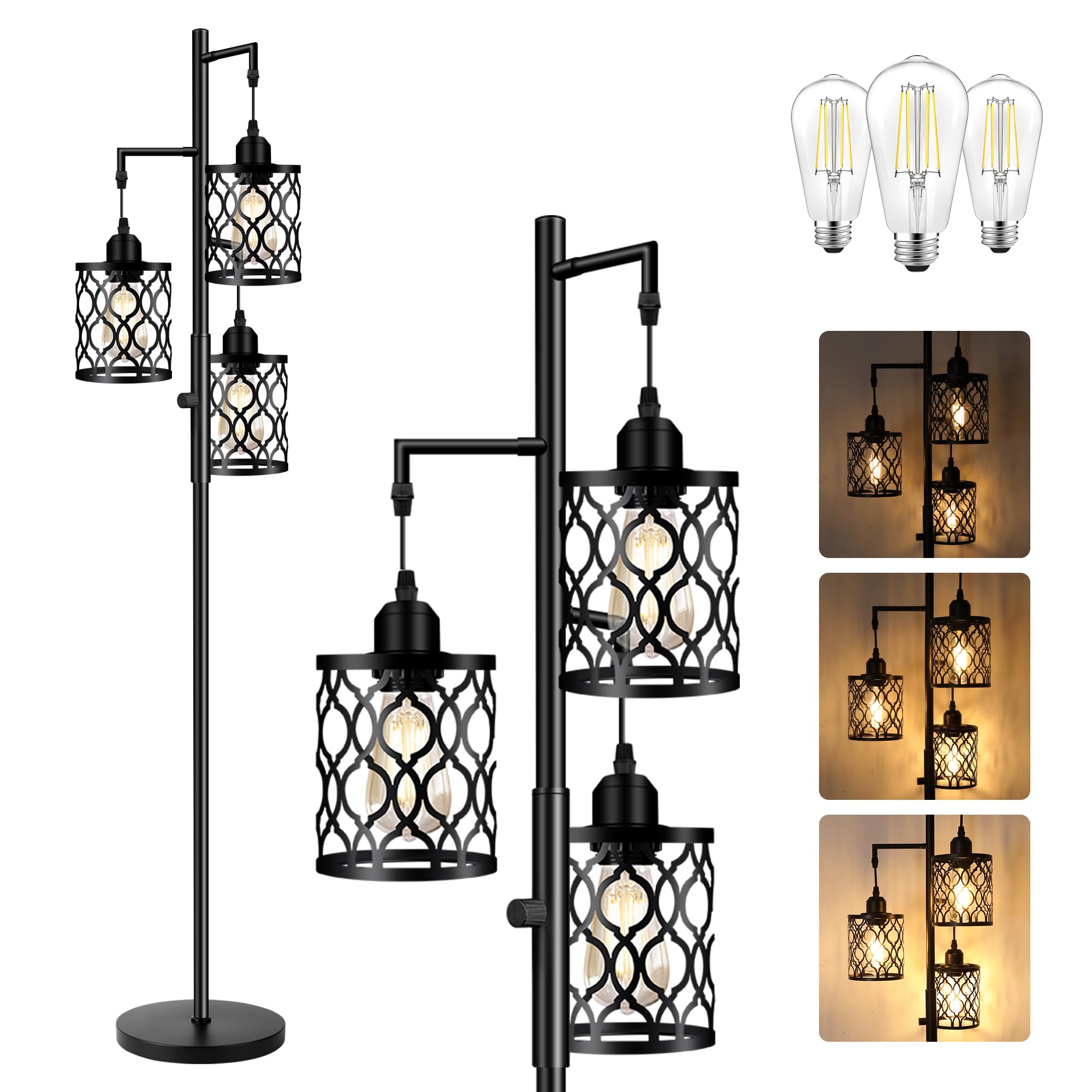ROTTOGOON Dimmable Industrial Floor Lamp, 68in Black Metal, Includes 3 x 6W LED Bulbs, Rustic Standing Lamp for Living Room, Bedroom, Office