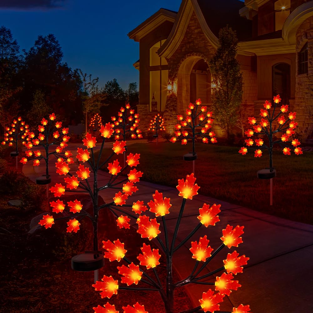 Fall Décor Solar Garden Lights Outdoor For Thanksgiving Decorations,40Led 2Pack Red Maple Leaves Tree Lights With -Outdoor Autumn Harvest Decor,Solar Fall Lights For Thanksgiving Christmas Party Decor