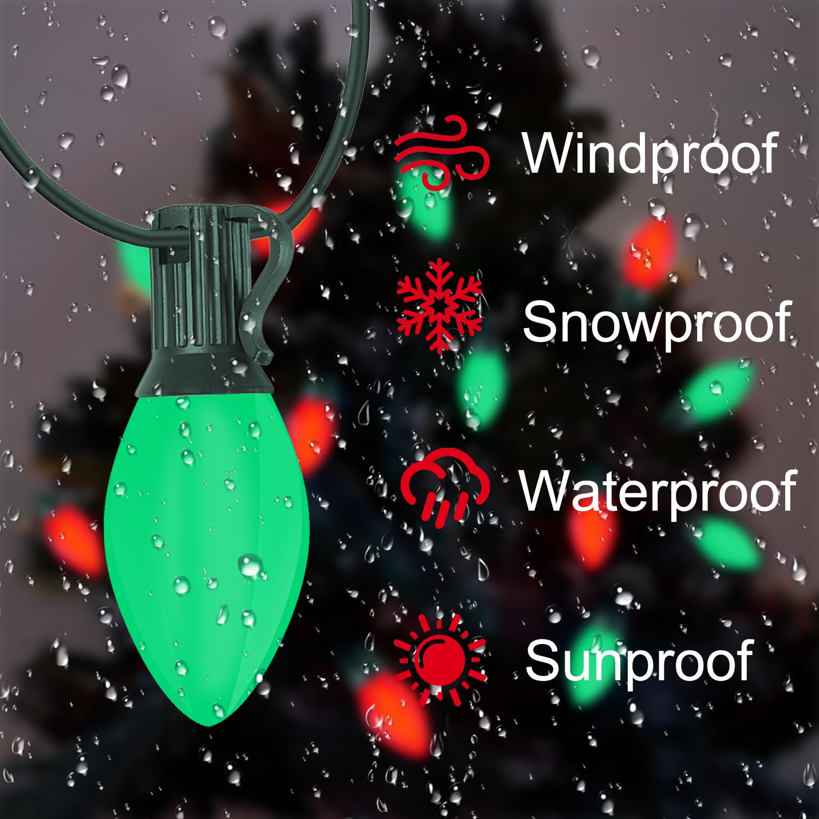 C7 Led Red And Green Christmas Lights, 25Ft Outdoor Christmas String Lights With 27 Led Red And Green Plastic Bulbs, Vintage Chr