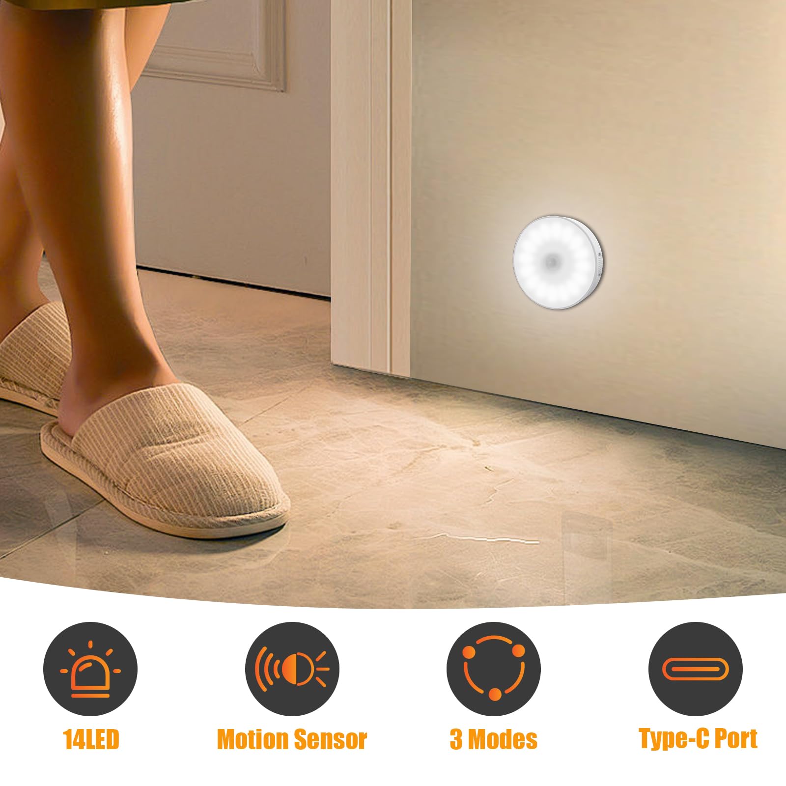 Electight 6 Pack Motion Sensor Light Indoor [Upgraded 14 Leds], Usb Rechargeable Night Light, Long Last Battery & 3 Light Modes,