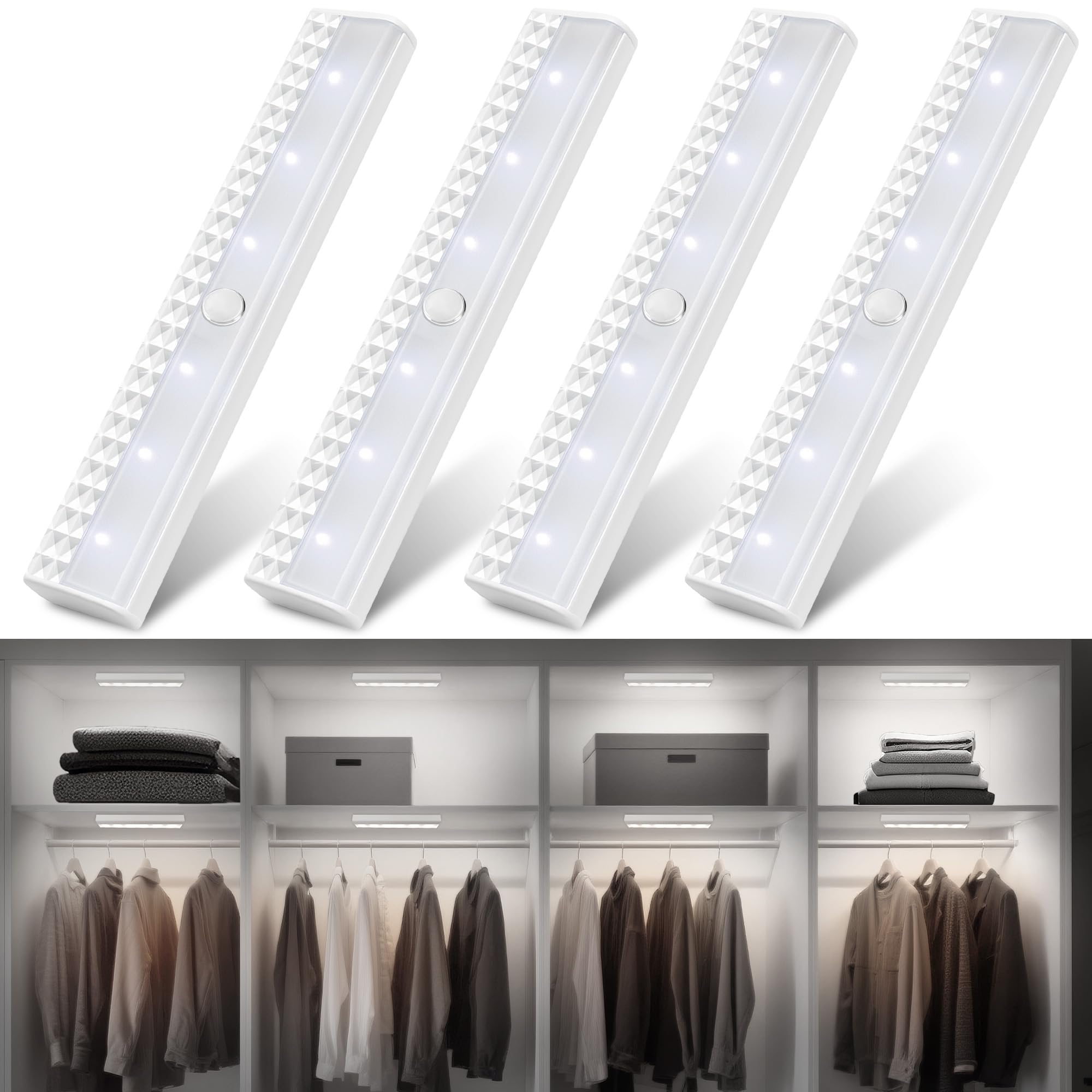 Maylit 4 Pack Closet Lights Motion Sensored  Battery Operated Light Indoor  Wireless Magnetic Night Led Bar  Stick On Lighting For Stair  Shelf  Hallway  Bed  Pantry  Under Cabinet  6000K Cool White