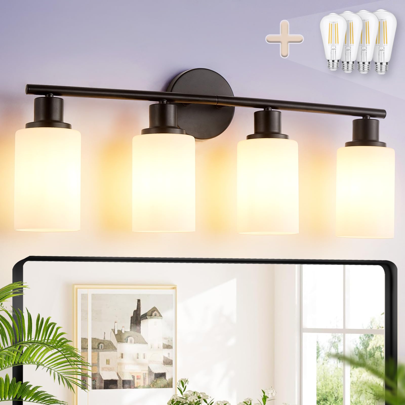 DINGLILIGHTING DLLT 4-Light Bathroom Light Fixtures - Black Metal Vanity Lights with Milky White Glass Shade