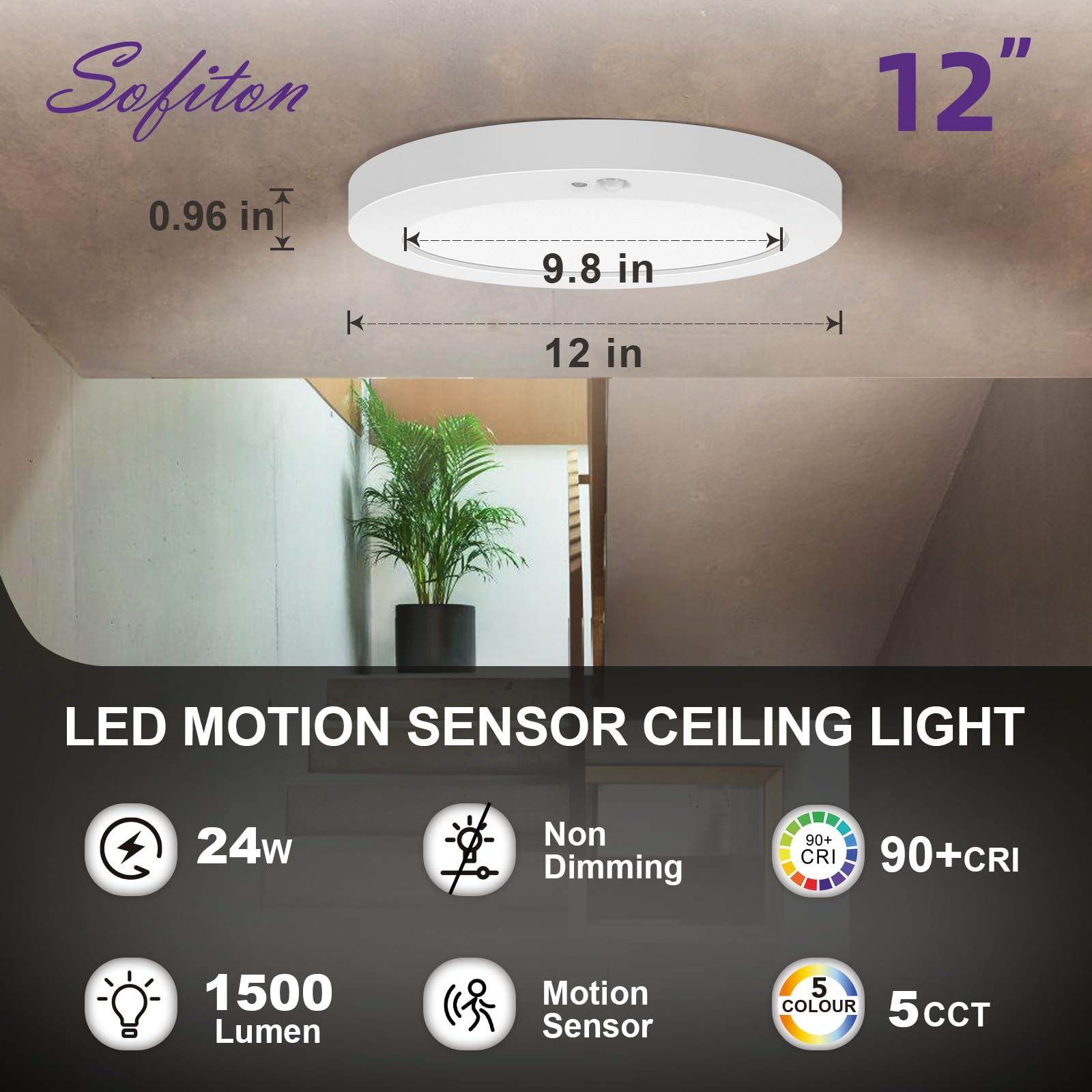 Sofiton Motion Sensor Ceiling Light, 5Cct Selectable 24W 1500Lm, 12 Inch Led Flush Mount Light Fixture Hard Wired, Motion Activa