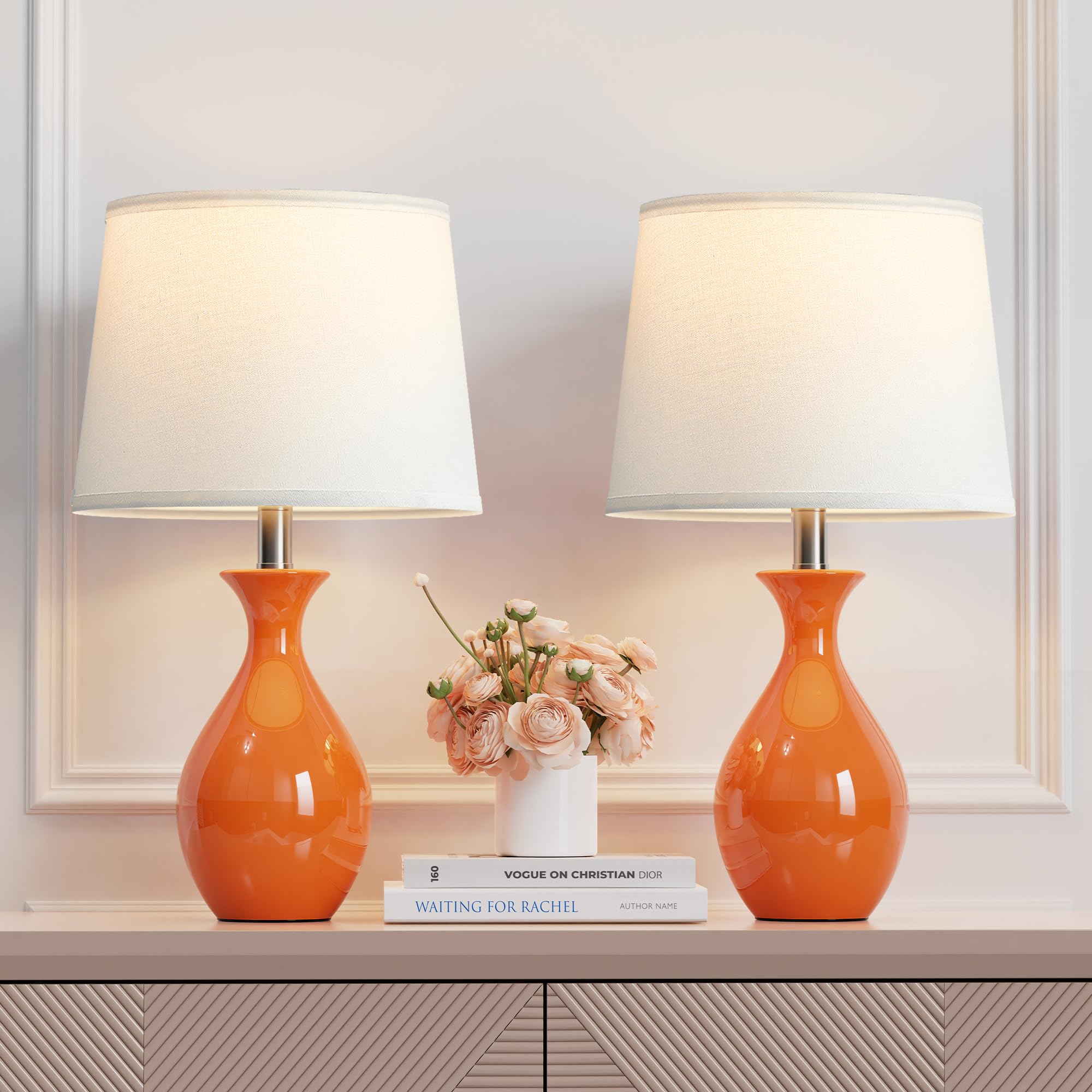PARTPHONER Table Lamp Set of 2  Modern Ceramic Bedside Lamps for Night Stands  Classic Small Lamp Nightstand Lamp for Bedroom Living Room Desk End Table Rocker Swtich Orange