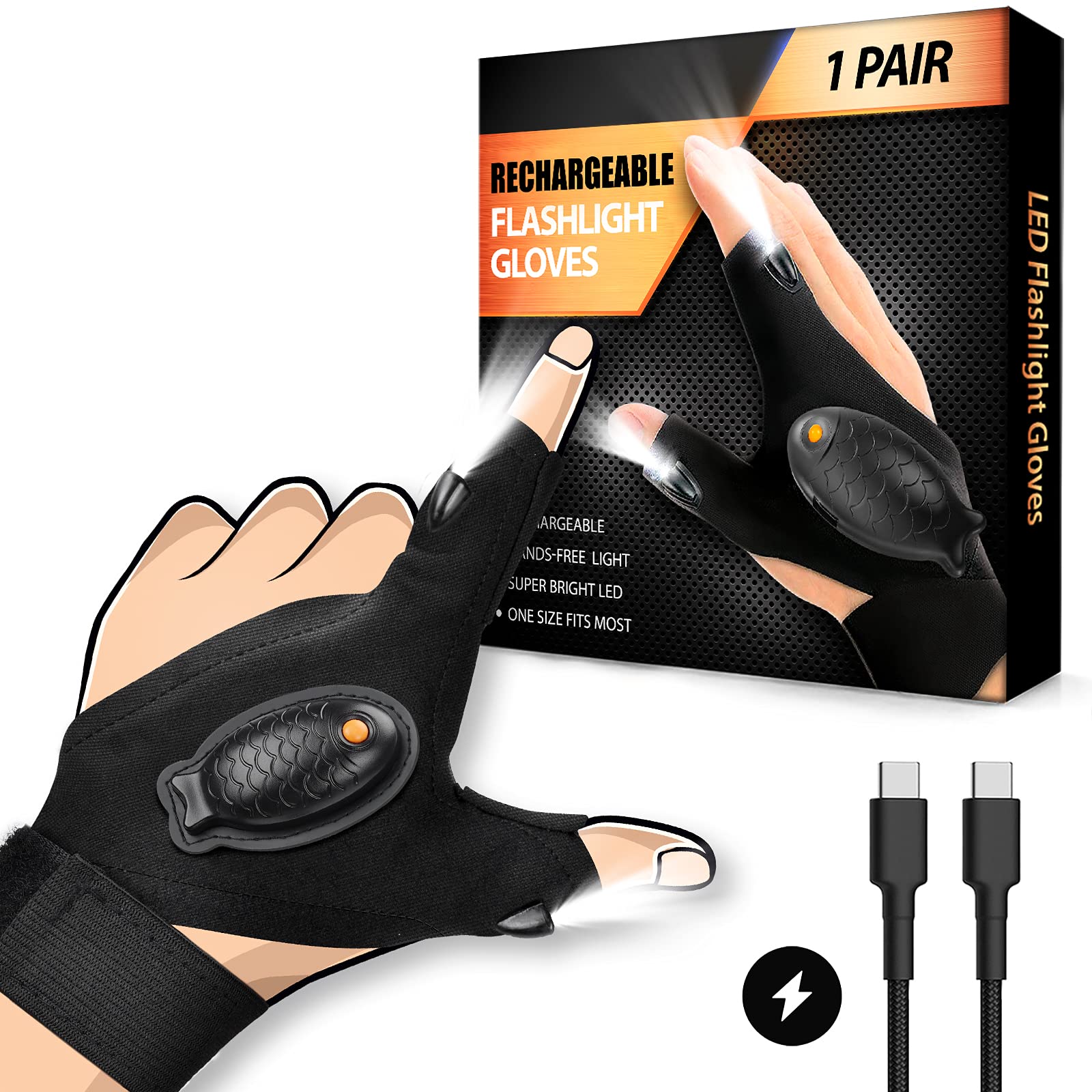 PARIGO LED Flashlight Gloves, Rechargeable Waterproof, Black Fish Design, Model DCH-VN02, Perfect for Fishing, Camping, Car Repair