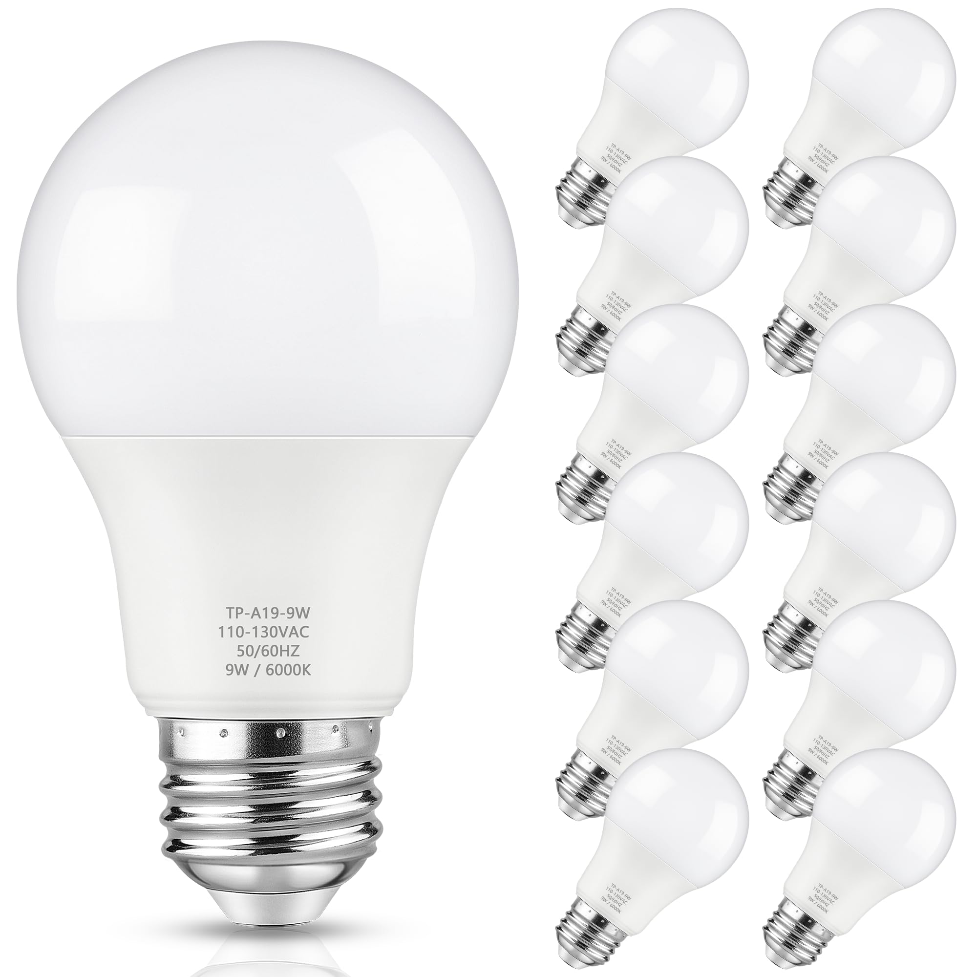 Maylaywood A19 LED Light Bulbs, 60 Watt Equivalent LED Bulbs, Cool White 6000K, 850 Lumens, E26 Base, Non-Dimmable, 9W Bright White LED Bulbs, 12-Pack