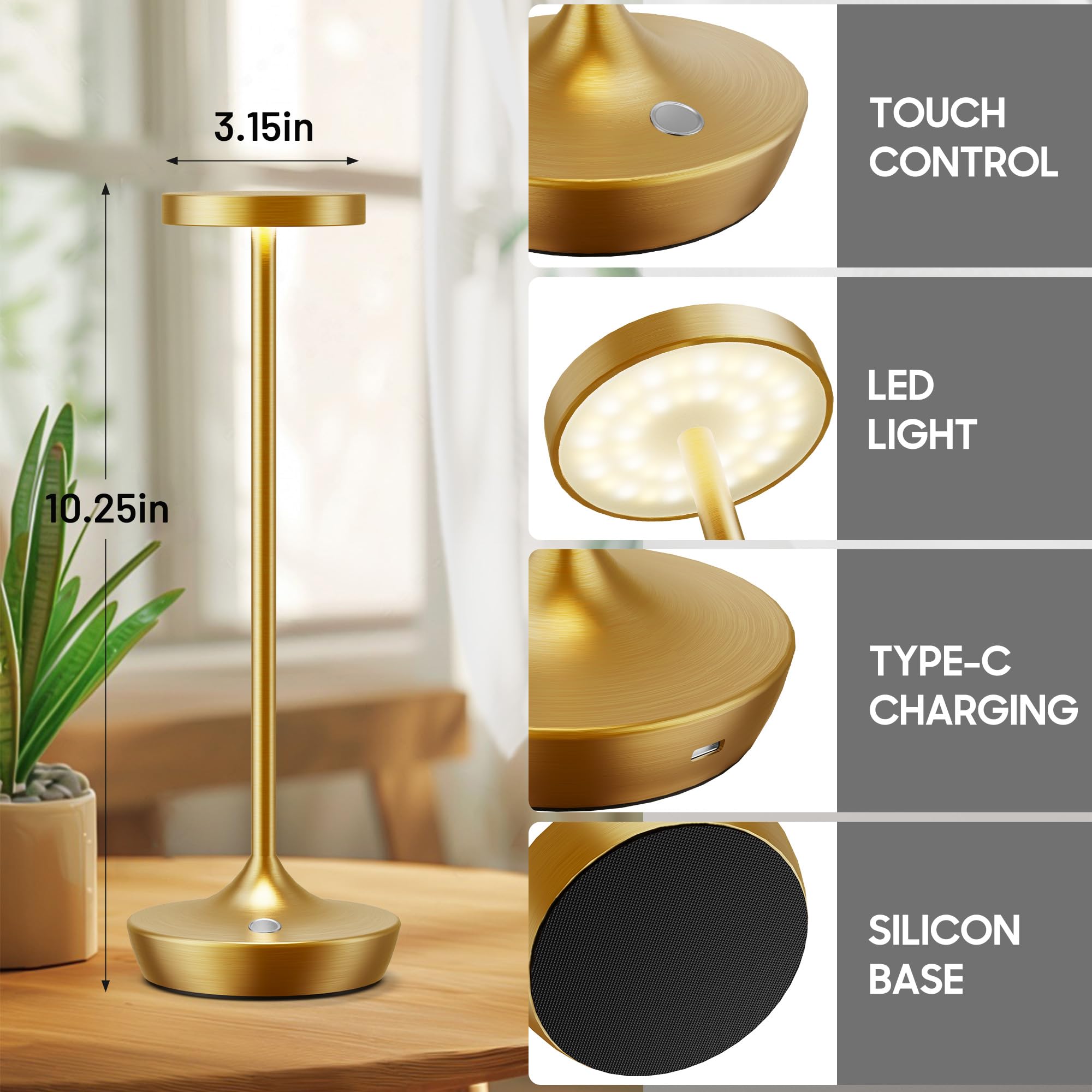 Sikevht 2 Pack Gold Cordless Led Table Lamps, Waterproof, Dimmable, Portable For Indoor & Outdoor Use