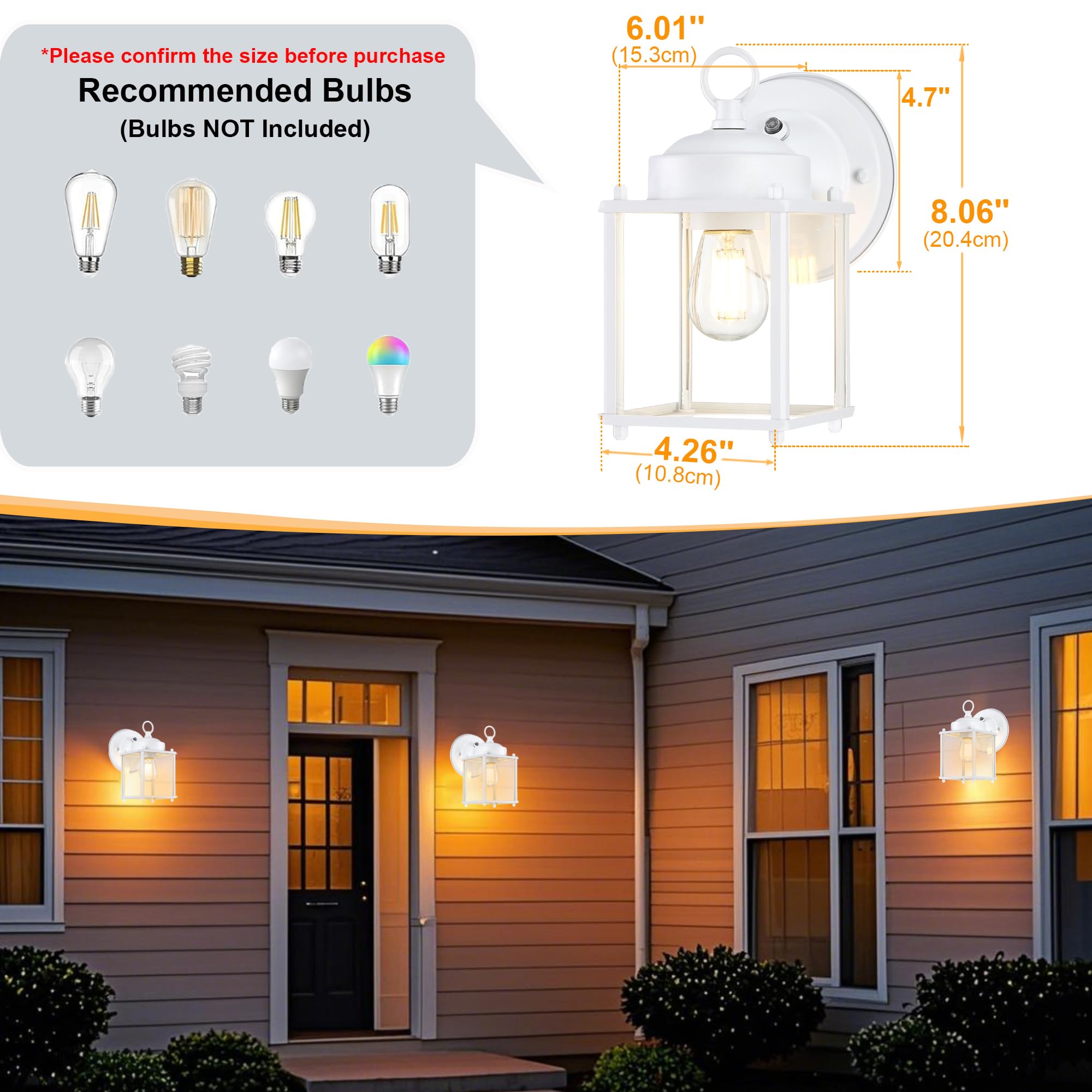 GRUENLICH Outdoor Wall Lantern, White Metal Sconce Light Fixture, 8 Inch Dusk to Dawn, 2 Pack
