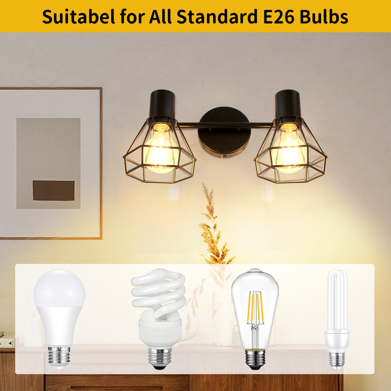 Hibay 2-Light Track Lighting Kit, Rotatable Directional Ceiling Light Fixtures, Black Geometric Metal Cage Industrial Spotlight