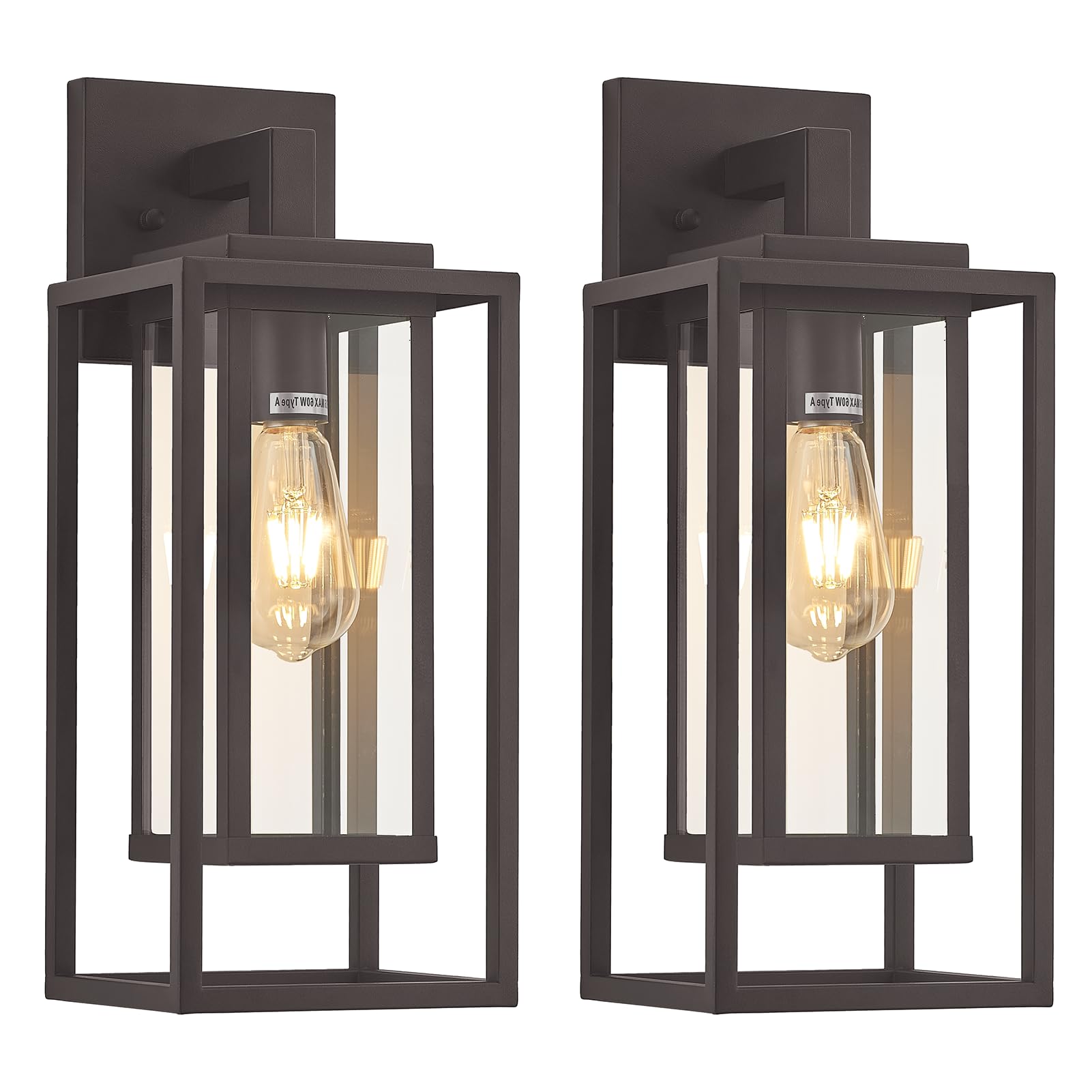 18 Outdoor Wall Light Fixtures Waterproofed Exterior Lantern W/Sturdy Rectangular Double Cage In Old Rust &Clear Tempered Glass Sconce Mounted For House Patio Front door Porch Garage Lighting 2Pack