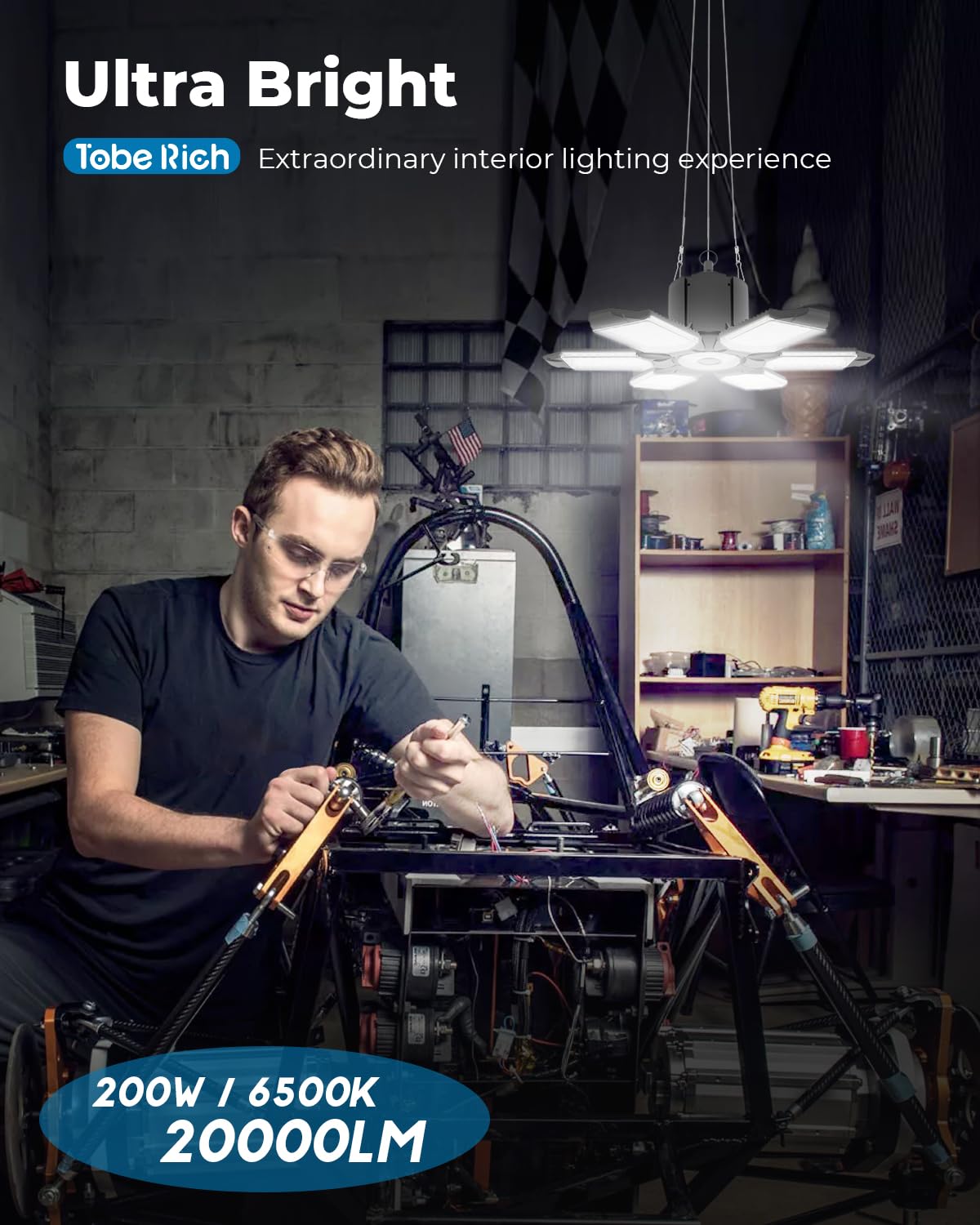 Plug In Linkable Led Shop Light, Super Bright 200W 20000Lm Garage Light, 9.84 Ft Power Cord, 6500K Daylight, 6+1 Deformable Panels, For Garage, Warehouse, Workbench, Workshop (1 Pack)