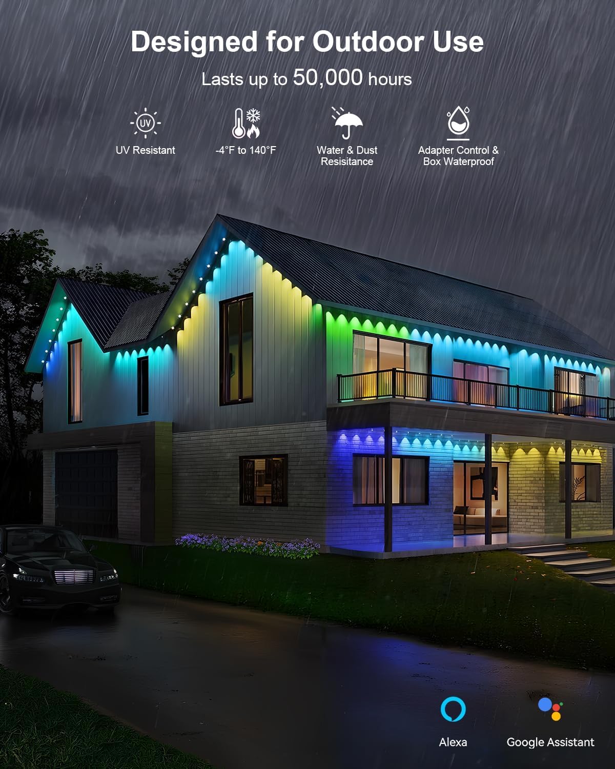 MIMIRGB 100ft Outdoor RGB Smart Eave Lights - IP67 Waterproof, Remote/App Control, Black, Model JG-001W-10