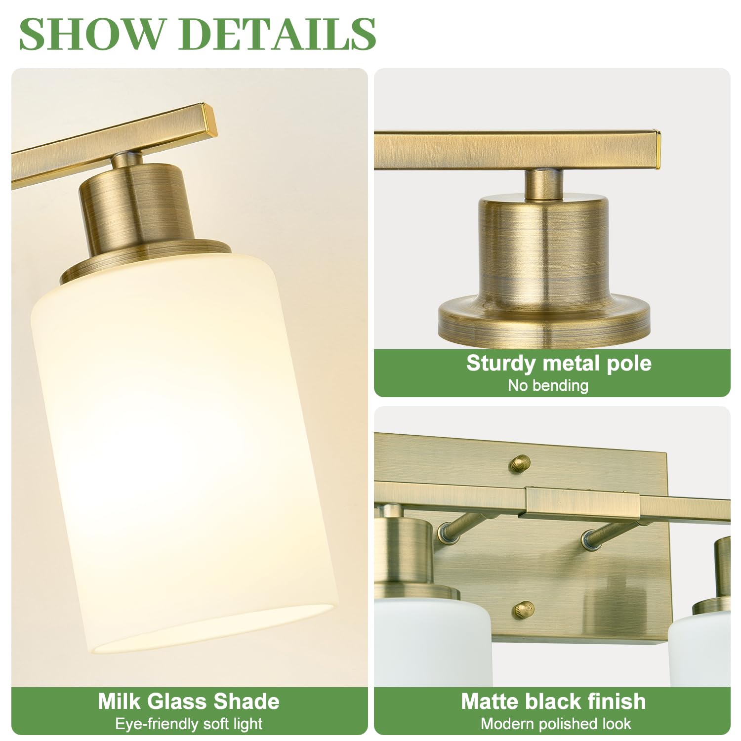 Mokatng 4-Light Bathroom Light Fixtures  Brass Vanity Light With Milky White Shades  Bathroom Lighting Fixtures Over Mirror  Modern Bathroom Wall Lamp For Mirror Living Room Cabinet Bedroom