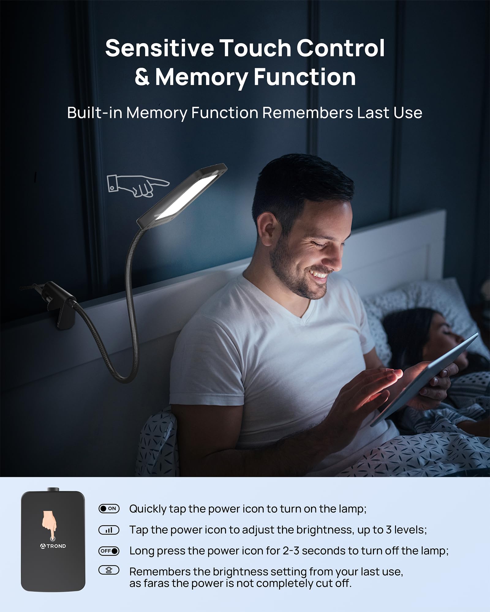 TROND LED Desk Lamp - 1000LM Dimmable Clamp Lamp, 6000K Daylight, Flexible Gooseneck, Black, Model Halo 9W-C