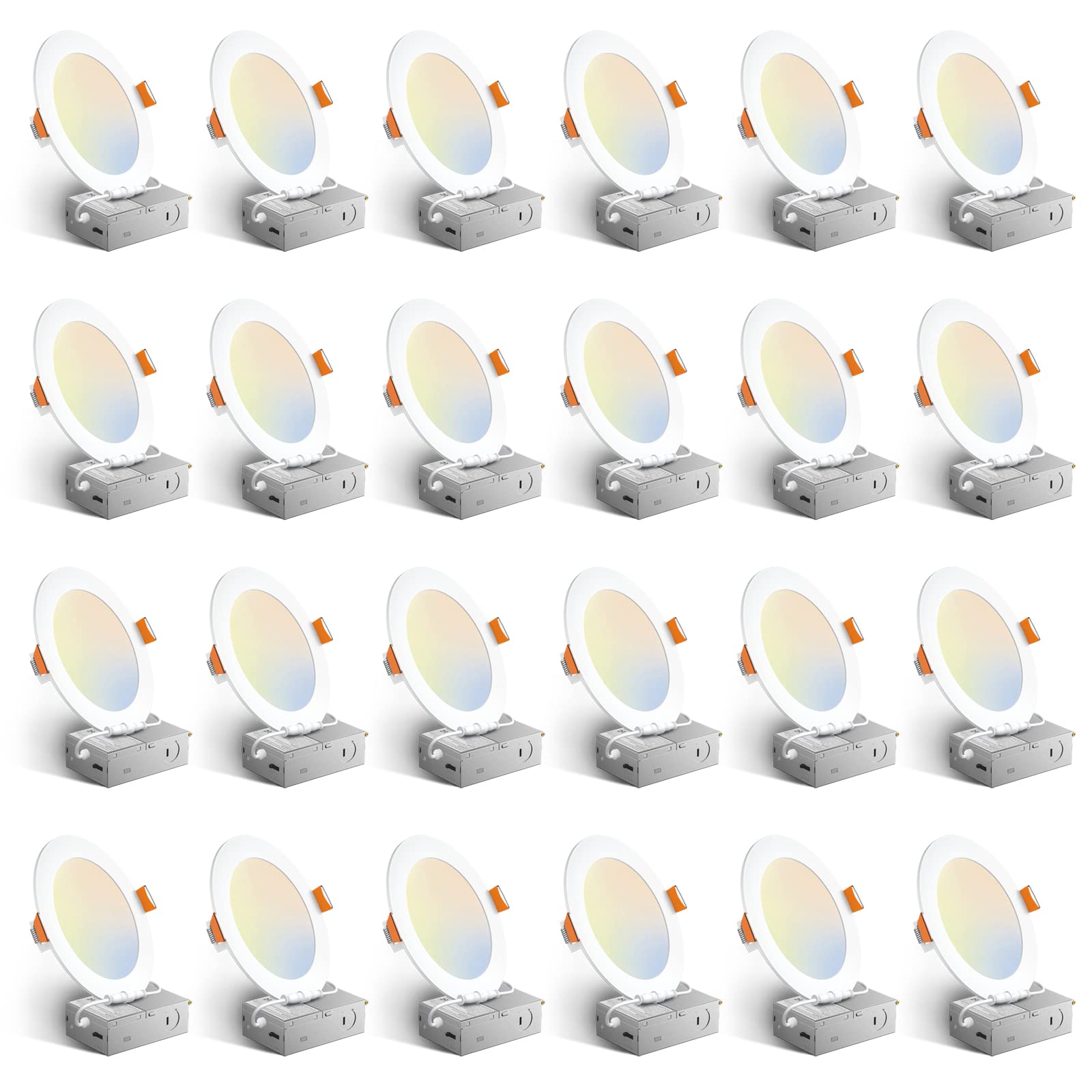 Amico 24 Pack 6 Inch 5CCT Ultra-Thin LED Recessed Ceiling Light with Junction Box, 1050LM Brightness, Dimmable Canless Wafer Dow