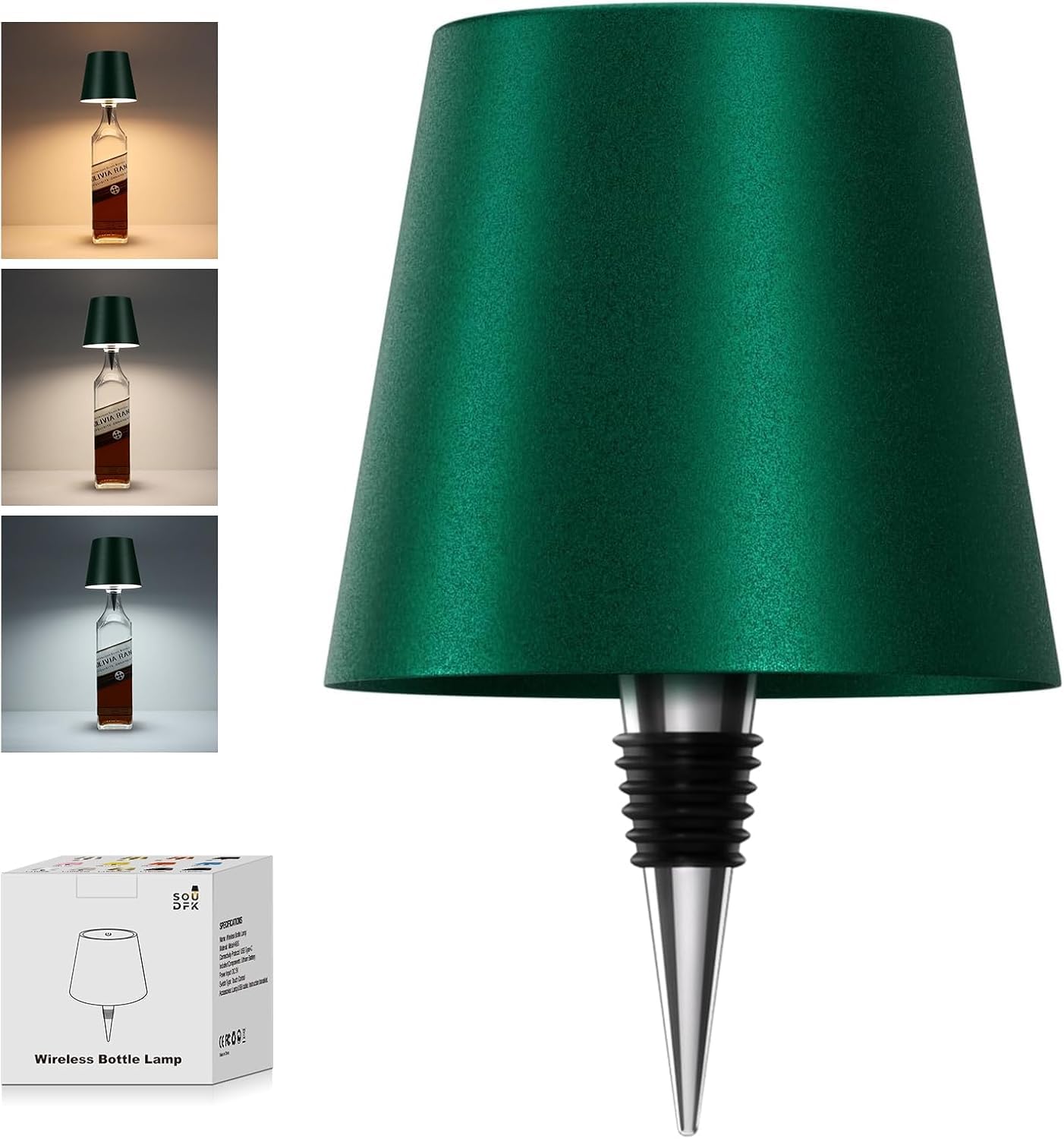 SOUDFK Wireless Bottle Lamp, 2025 New 3 Color Rechargeable Wine Bottle Lights for Bars Restaurants (Dark Green, 1PC)