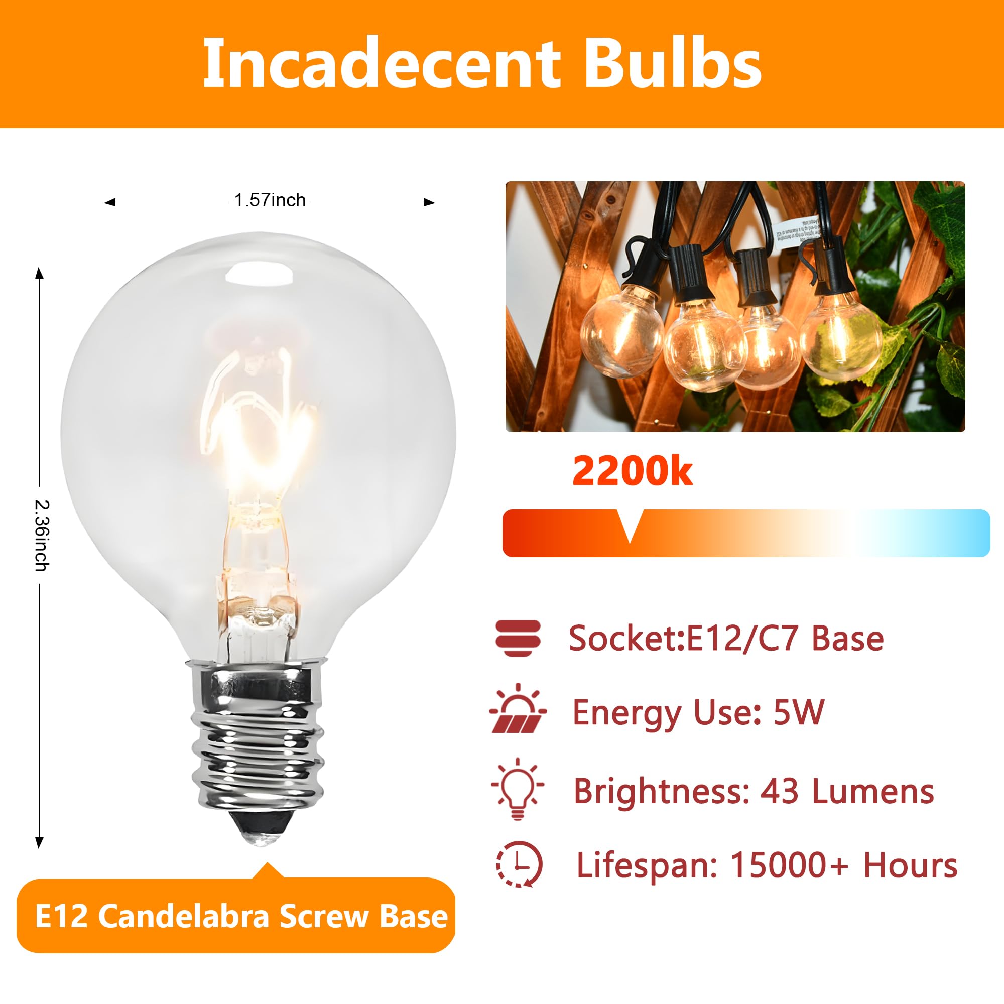 GOOTHY 50 Pack G40 Clear Globe Light Bulbs Replacement, 120V 5W Vintage Incandescent, C7/E12 Base, 2200K Warm White