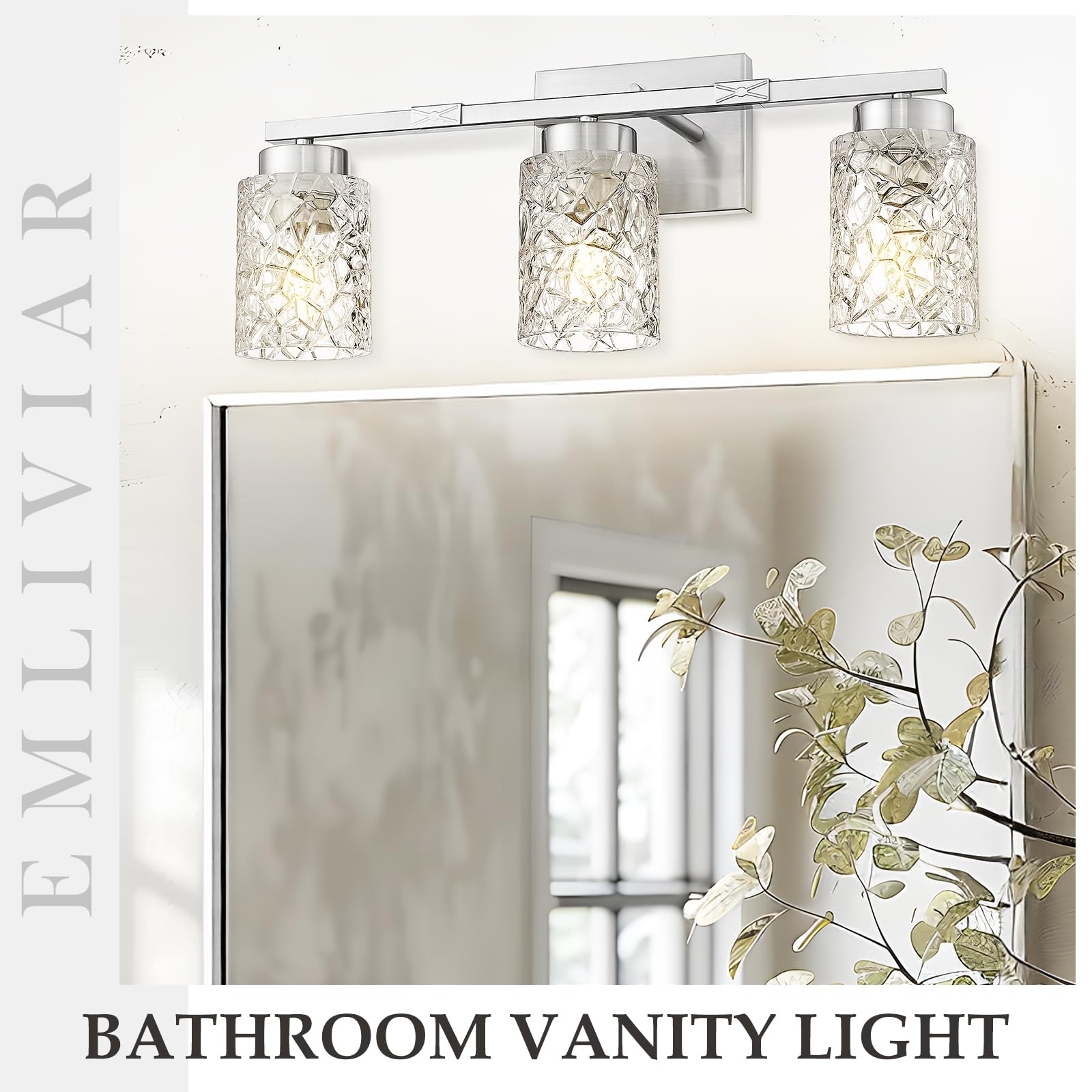 Emliviar 3-Light Vanity Lights With Clear Geometric Glass, 22    Modern Brushed Nickel Wall Light For Mirror, E26 Base, He294B-3