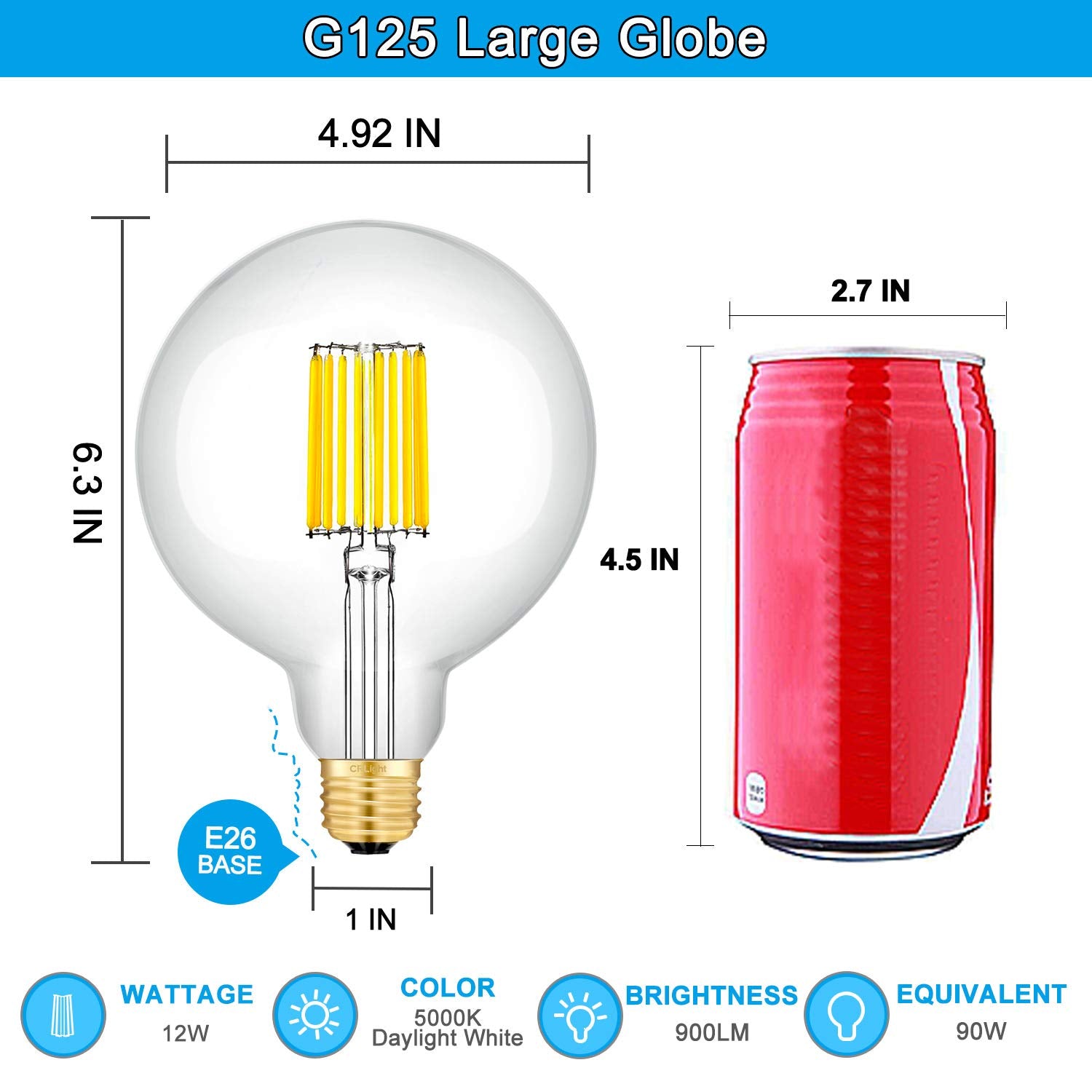Crlight 12W Dimmable Led Globe Bulb, 5000K Daylight, 90W Equivalent, Antique Edison G